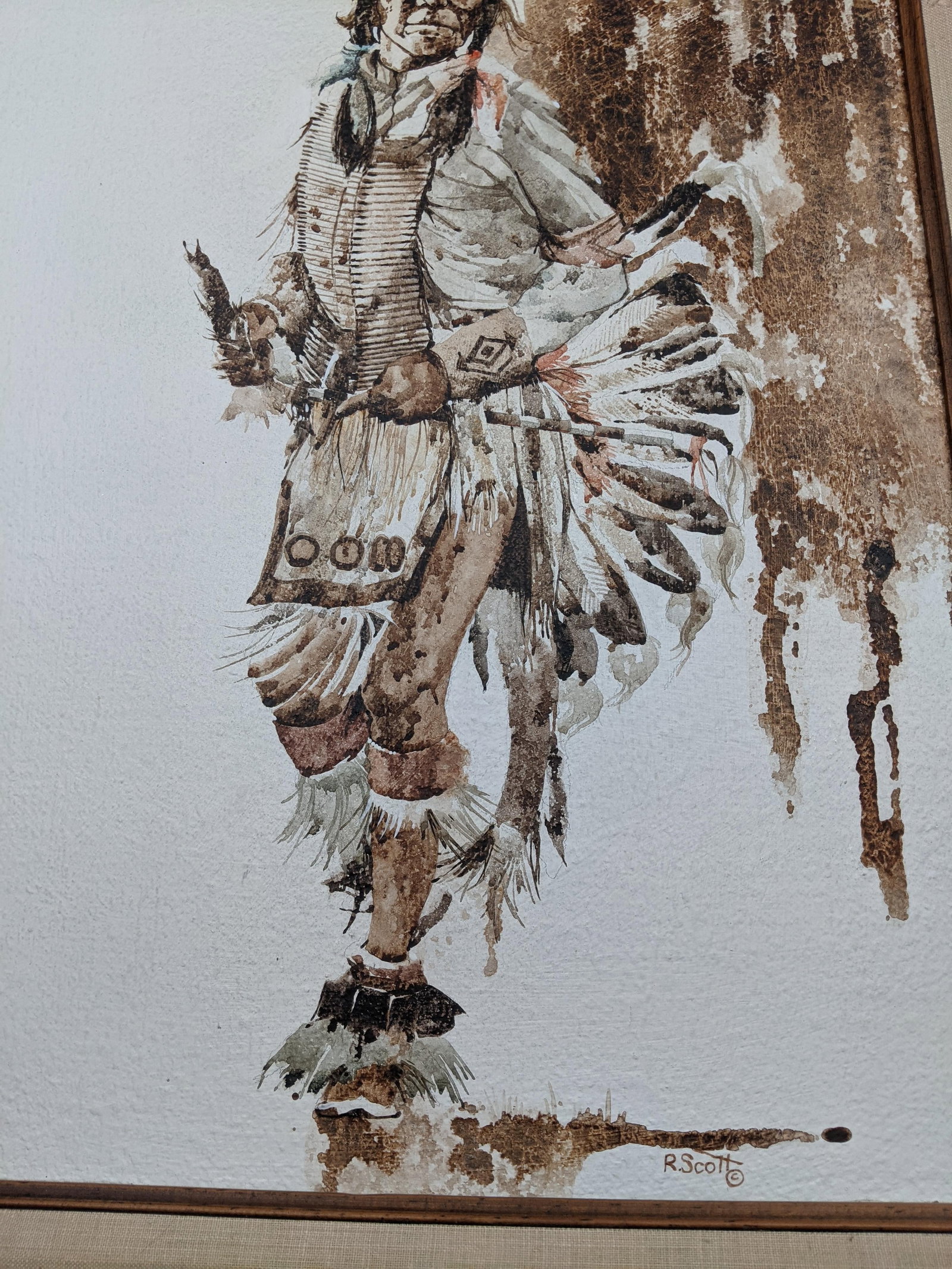 Mid 20th Century R. Scott Signed Mixed Media Native American Figure Drawing, Watercolor Ink on Paper - 9
