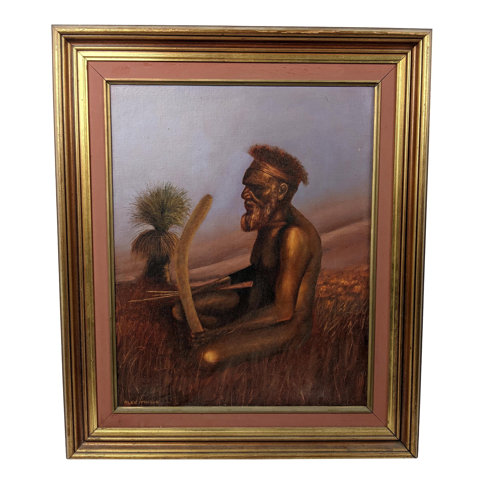 Late 20th Century "The Lonely Hunter" by Alex McIvor, Signed Original Oil on Canvas of an Australian: An evocative and beautifully executed original oil on canvas entitled "The Lonely Hunter" by Australian artist Alex McIvor, depicting an Aboriginal elder seated contemplatively within a grassy
