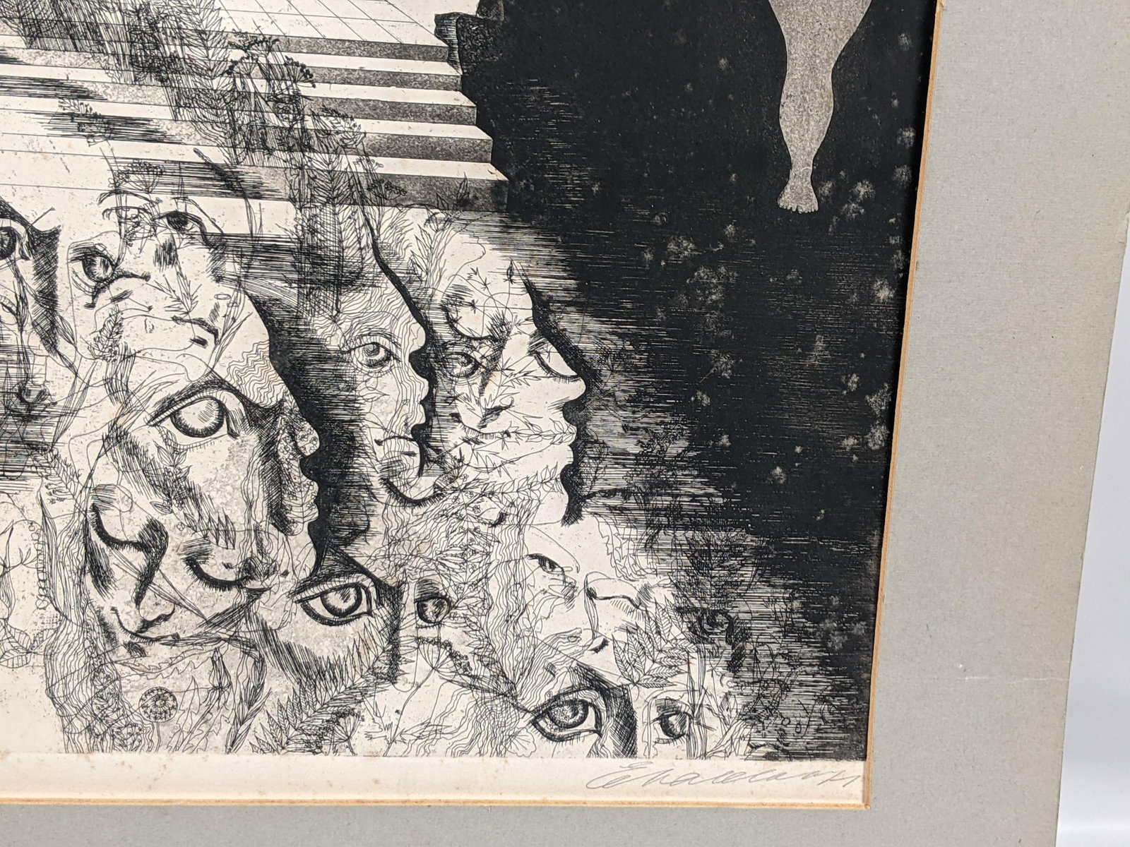 Original Pencil Signed Surrealist Etching on Paper, Dreamlike Symbolist Composition, Mid-20th Centur - 10