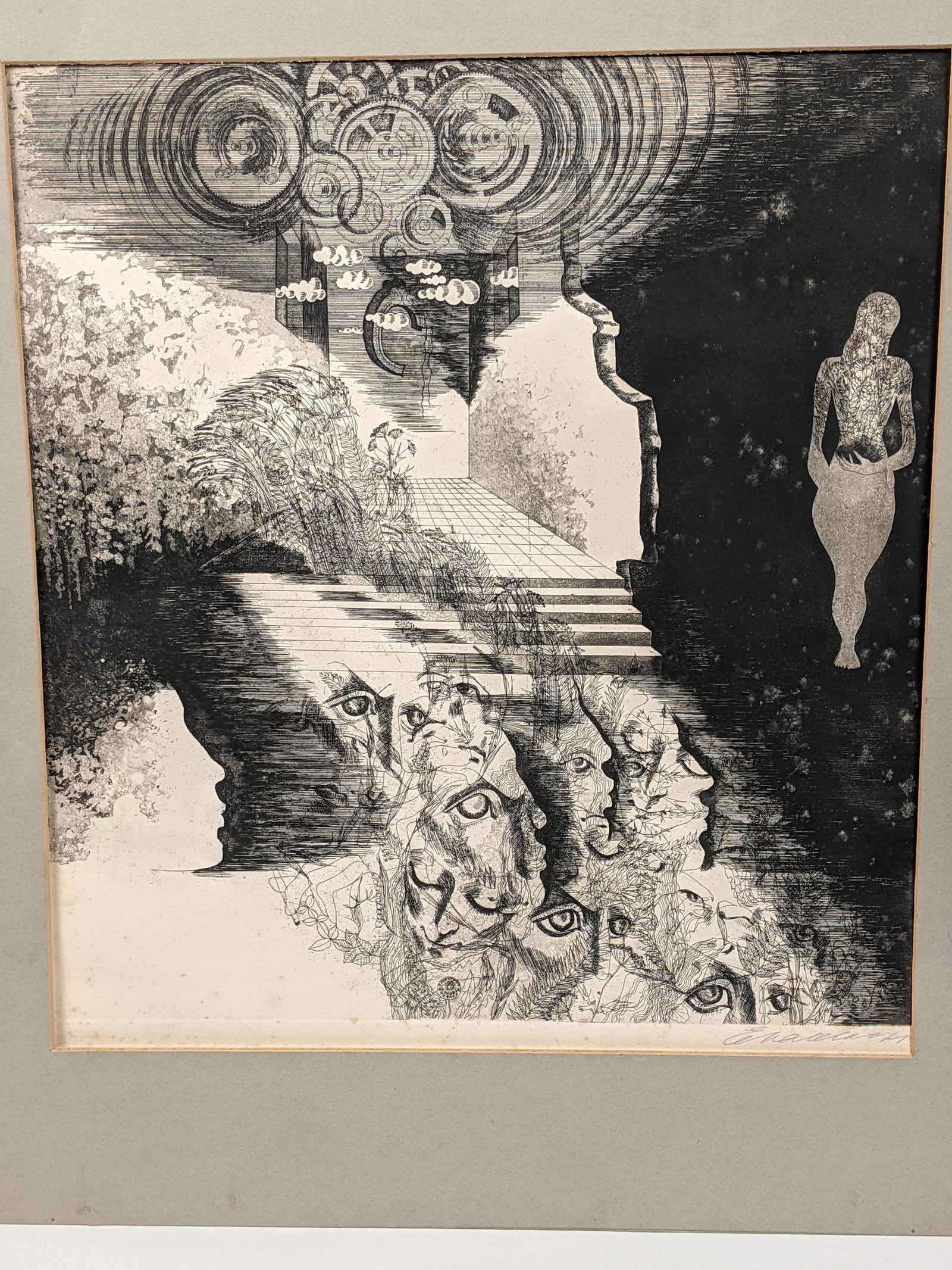 Original Pencil Signed Surrealist Etching on Paper, Dreamlike Symbolist Composition, Mid-20th Centur - 13