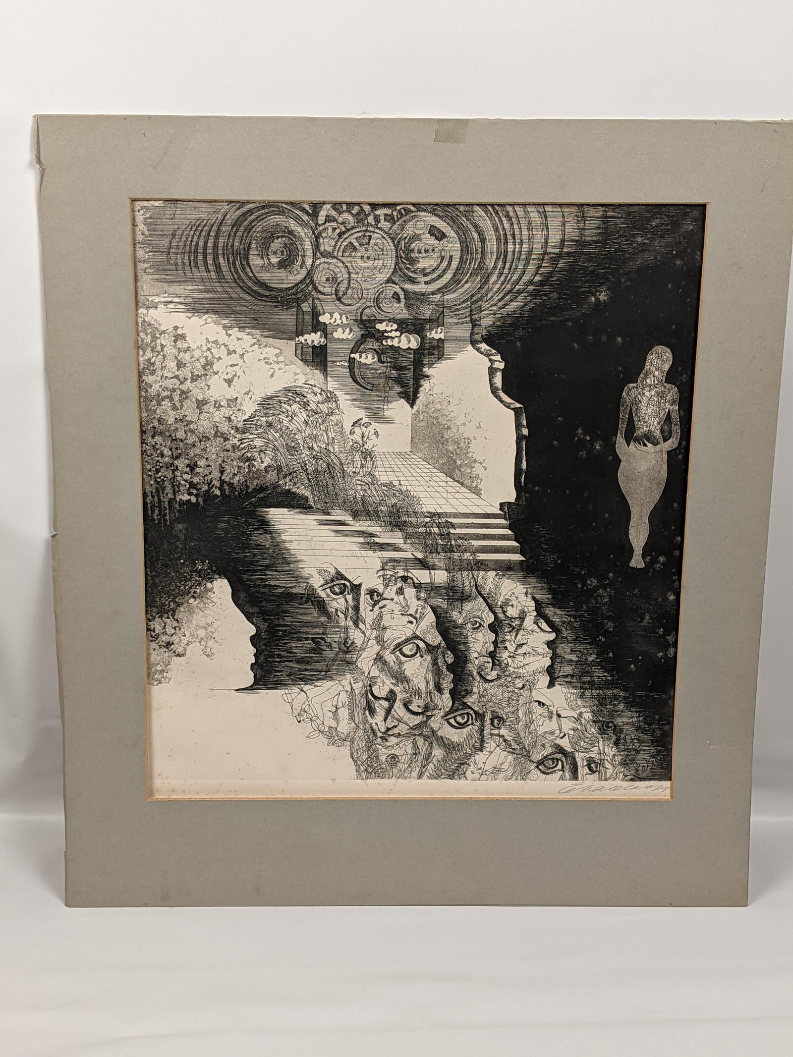 Original Pencil Signed Surrealist Etching on Paper, Dreamlike Symbolist Composition, Mid-20th Centur - 14