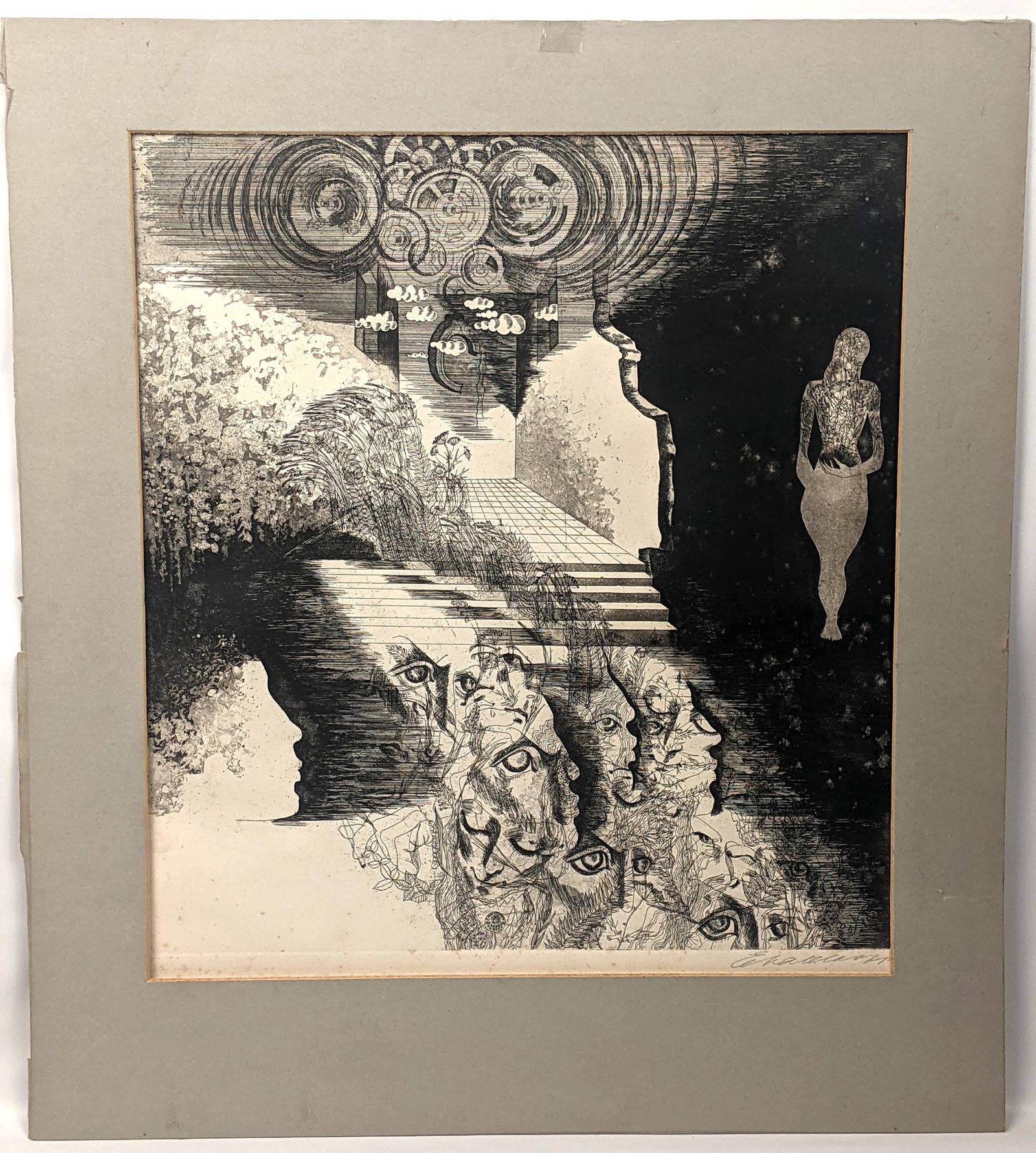 Original Pencil Signed Surrealist Etching on Paper, Dreamlike Symbolist Composition, Mid-20th Centur - 15