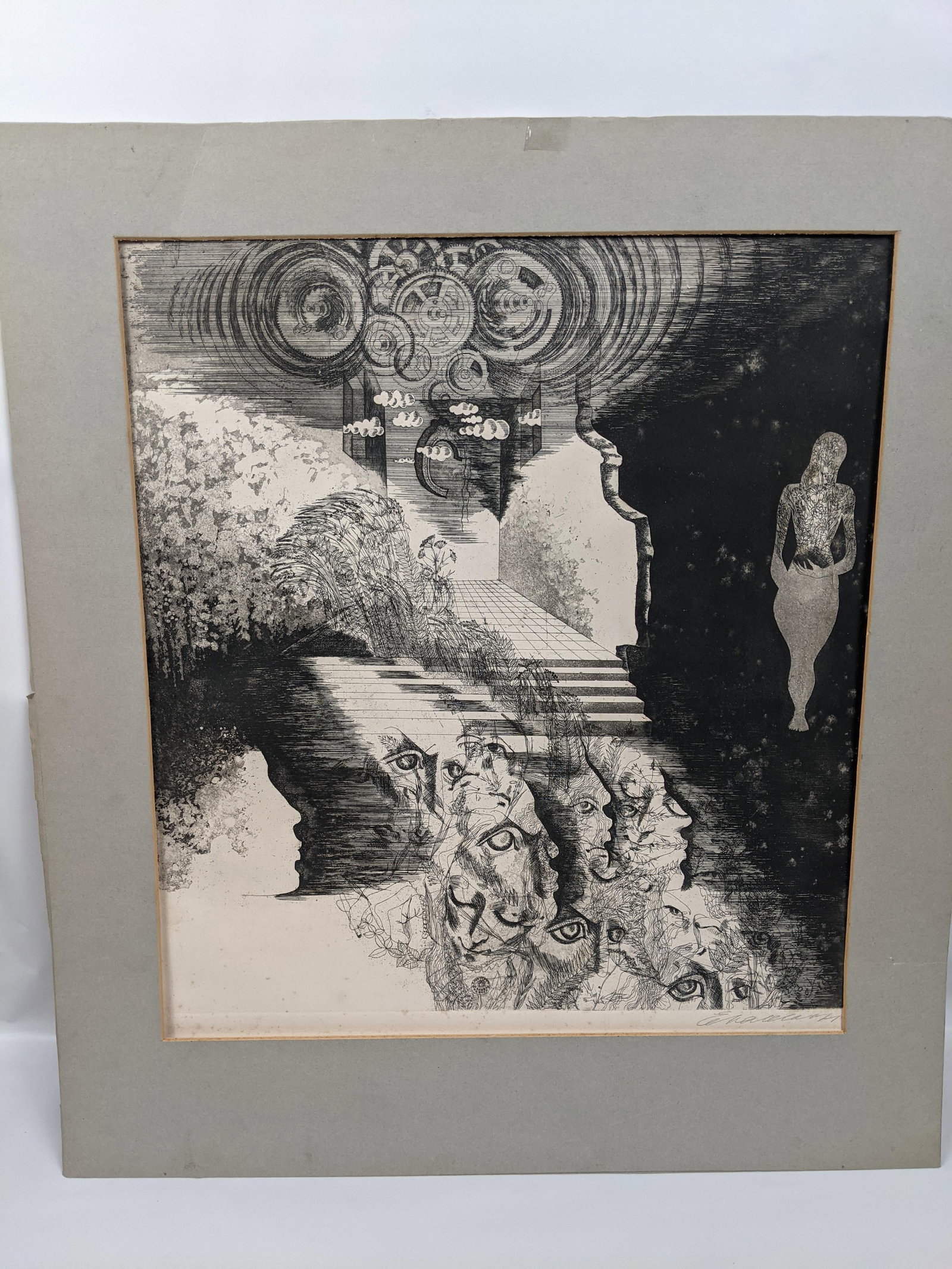 Original Pencil Signed Surrealist Etching on Paper, Dreamlike Symbolist Composition, Mid-20th Centur - 16