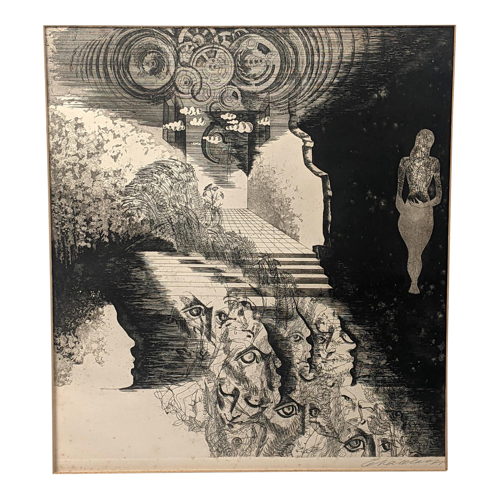 Original Pencil Signed Surrealist Etching on Paper, Dreamlike Symbolist Composition, Mid-20th Centur: An exceptionally compelling original Surrealist etching on paper, pencil signed lower right by an artist whose signature has not yet been conclusively identified. Rich in symbolic imagery and psycholo