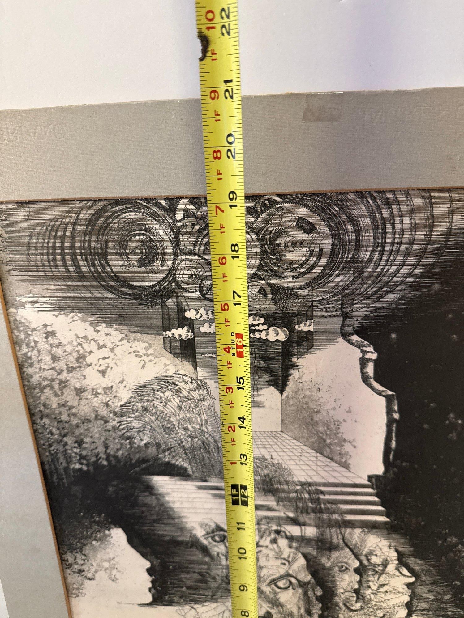 Original Pencil Signed Surrealist Etching on Paper, Dreamlike Symbolist Composition, Mid-20th Centur - 4
