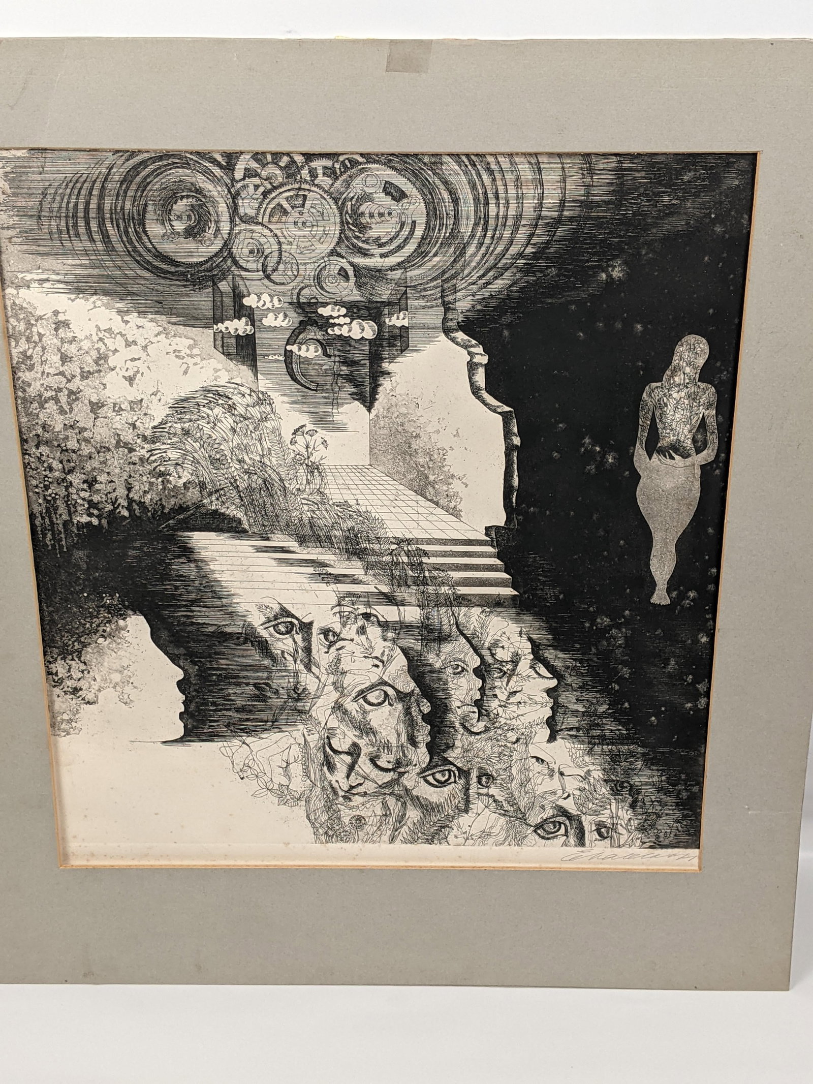 Original Pencil Signed Surrealist Etching on Paper, Dreamlike Symbolist Composition, Mid-20th Centur - 5