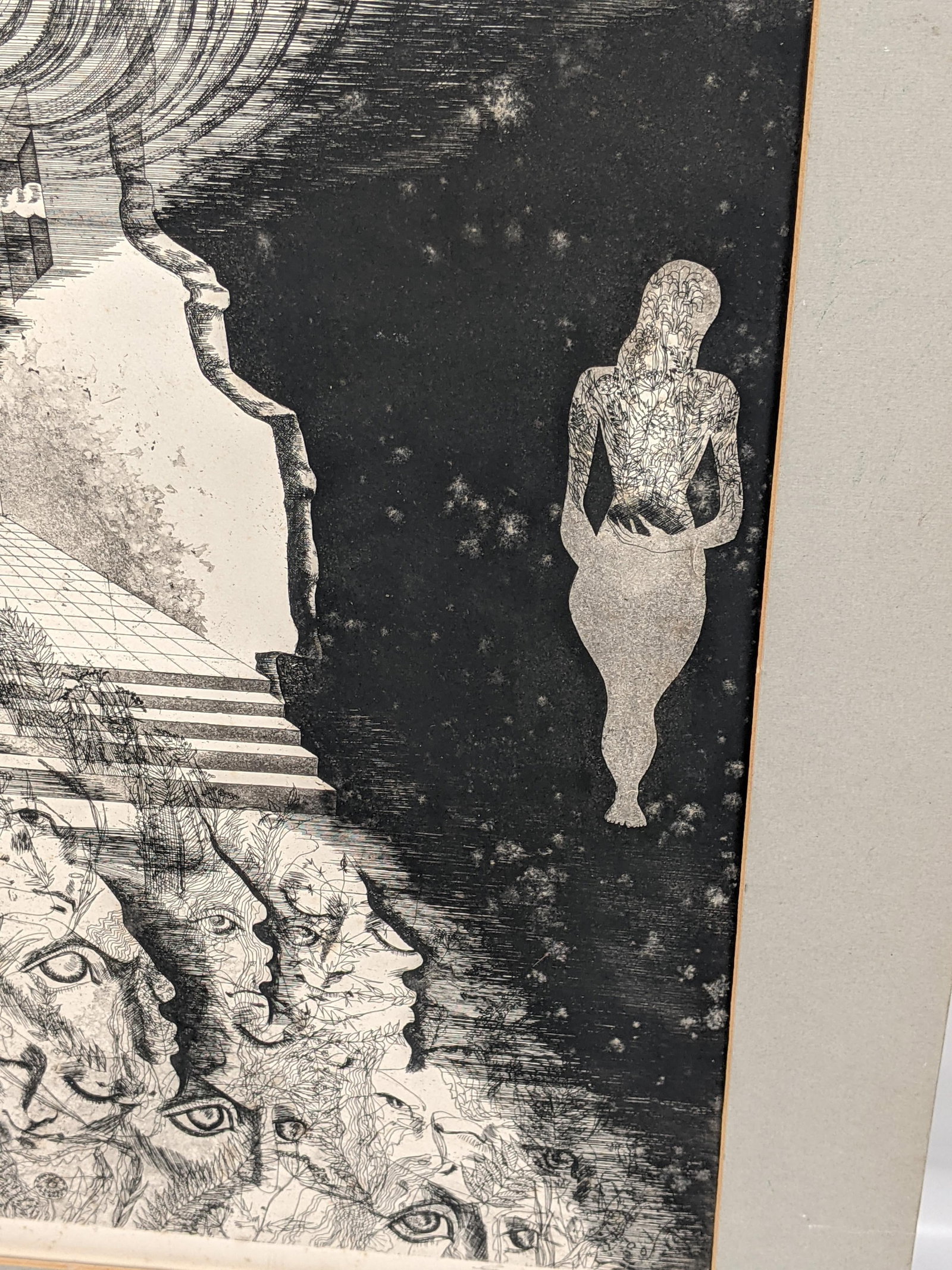 Original Pencil Signed Surrealist Etching on Paper, Dreamlike Symbolist Composition, Mid-20th Centur - 6