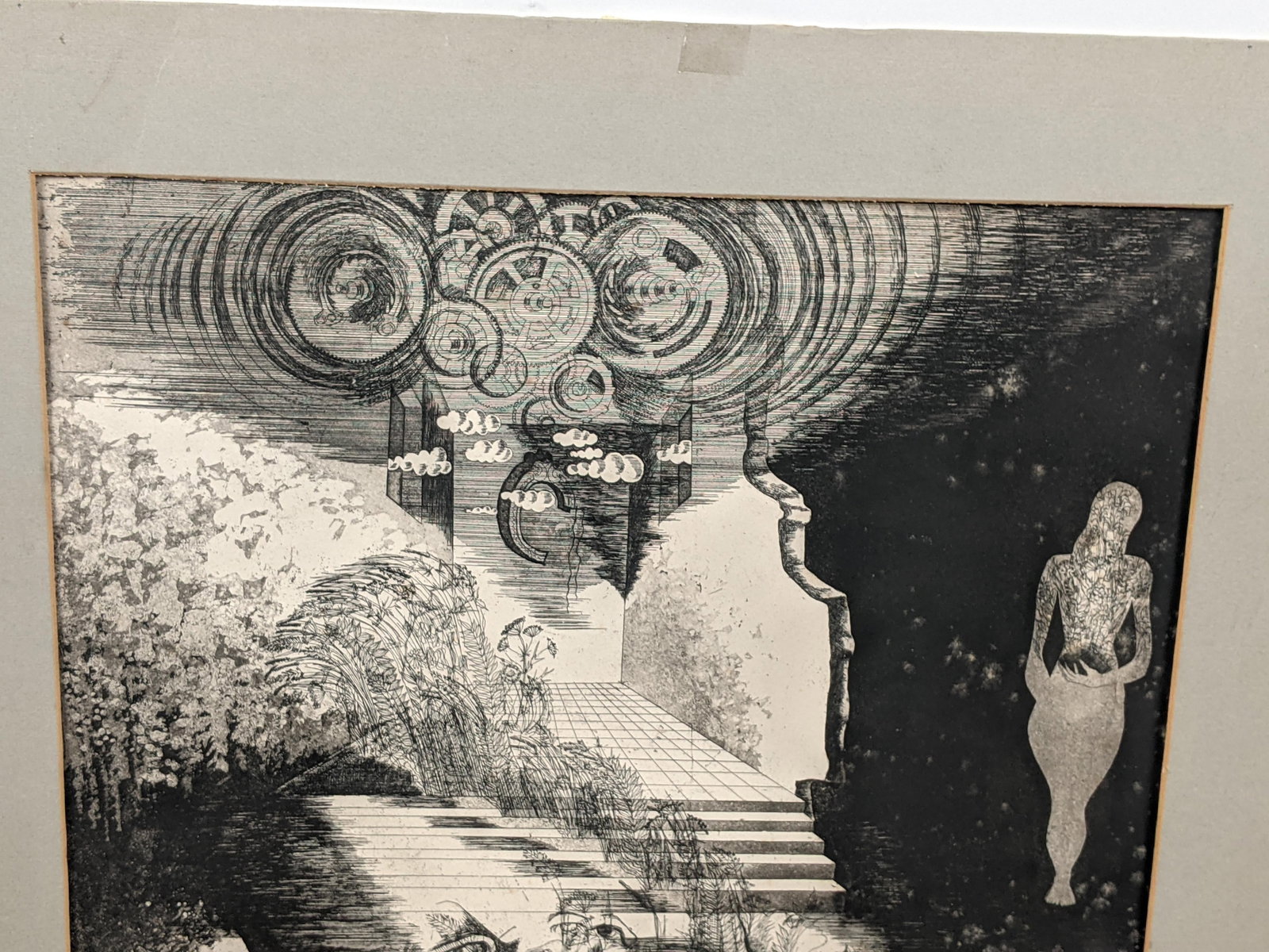 Original Pencil Signed Surrealist Etching on Paper, Dreamlike Symbolist Composition, Mid-20th Centur - 9