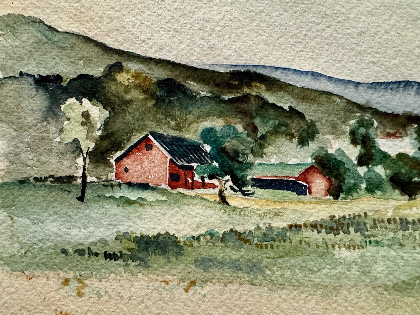 Henry Emil Salloch Original Watercolor on Paper Rural River Valley. - 2