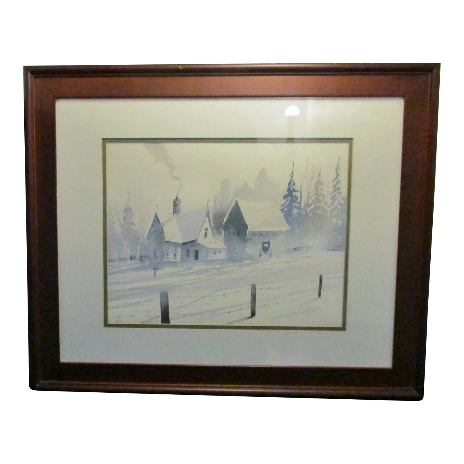 Mid 20th Century T. Haverfield Signed Winter Landscape Watercolor Painting, Framed: Beautiful T. Haverfield Signed Winter Landscape Watercolor Matted and Framed Showing a farmhouse and fenceline in the snow. The painting measures 13.75" x 10.75". The frame measures 23.25" x 19.25".