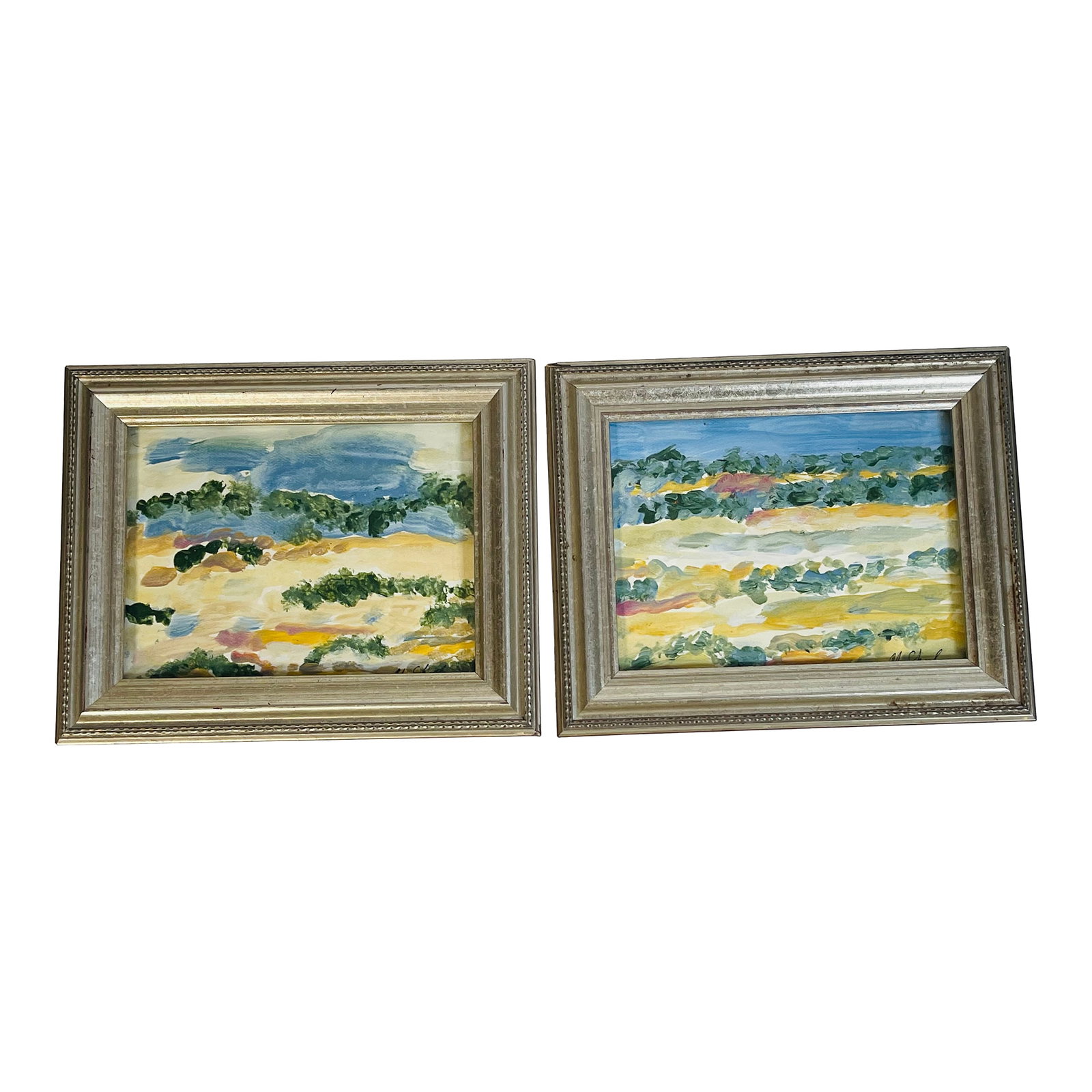 1970s Abstract Landscapes in Silver Frames Pair Signed: Pair of contemporary abstract landscape paintings acrylic on paper in silver frames. Artist Mariana Shulga. Condition: Alterations: Original Condition Unaltered Imperfections: Some Imperfections Condi