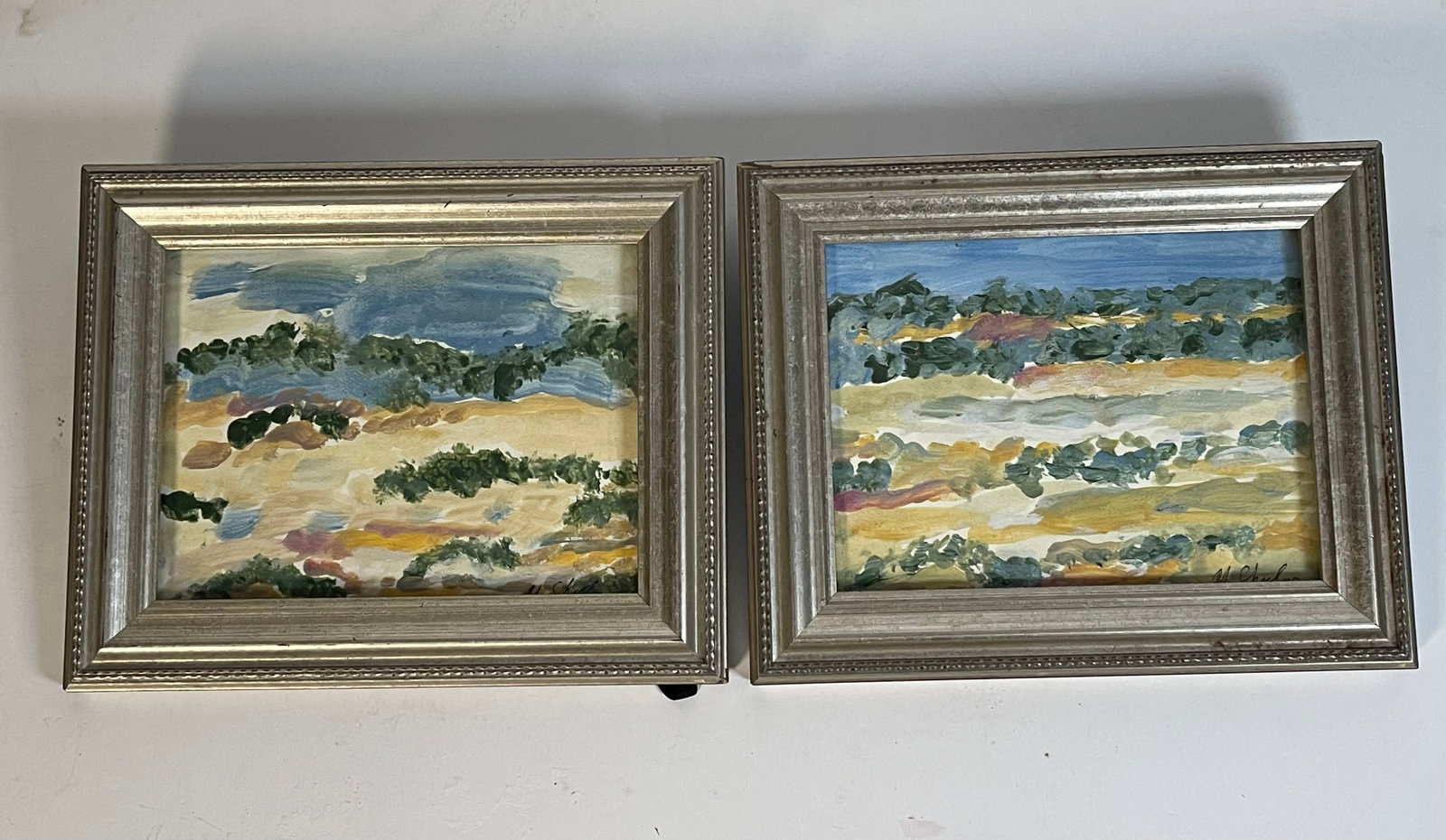 1970s Abstract Landscapes in Silver Frames Pair Signed - 2