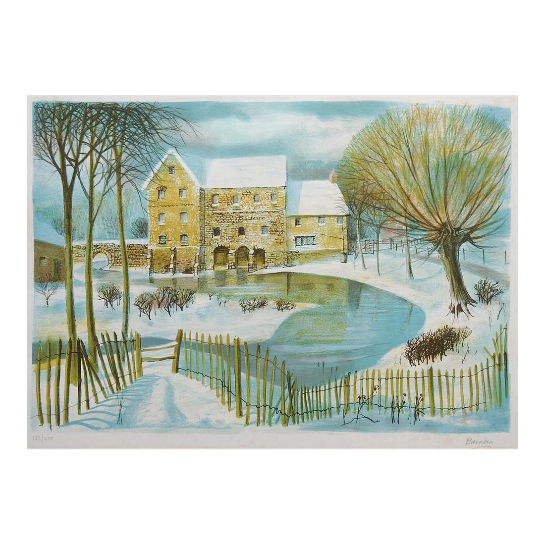 Vintage Mid Century Winter Landscape Lithograph: Vintage mid century lithograph on paper print of stone mill in winter by Bruce Barnden (1925-2009) England. Signed and numbered 132/275 in pencil along lower margin. Unframed, age toning, foxing along