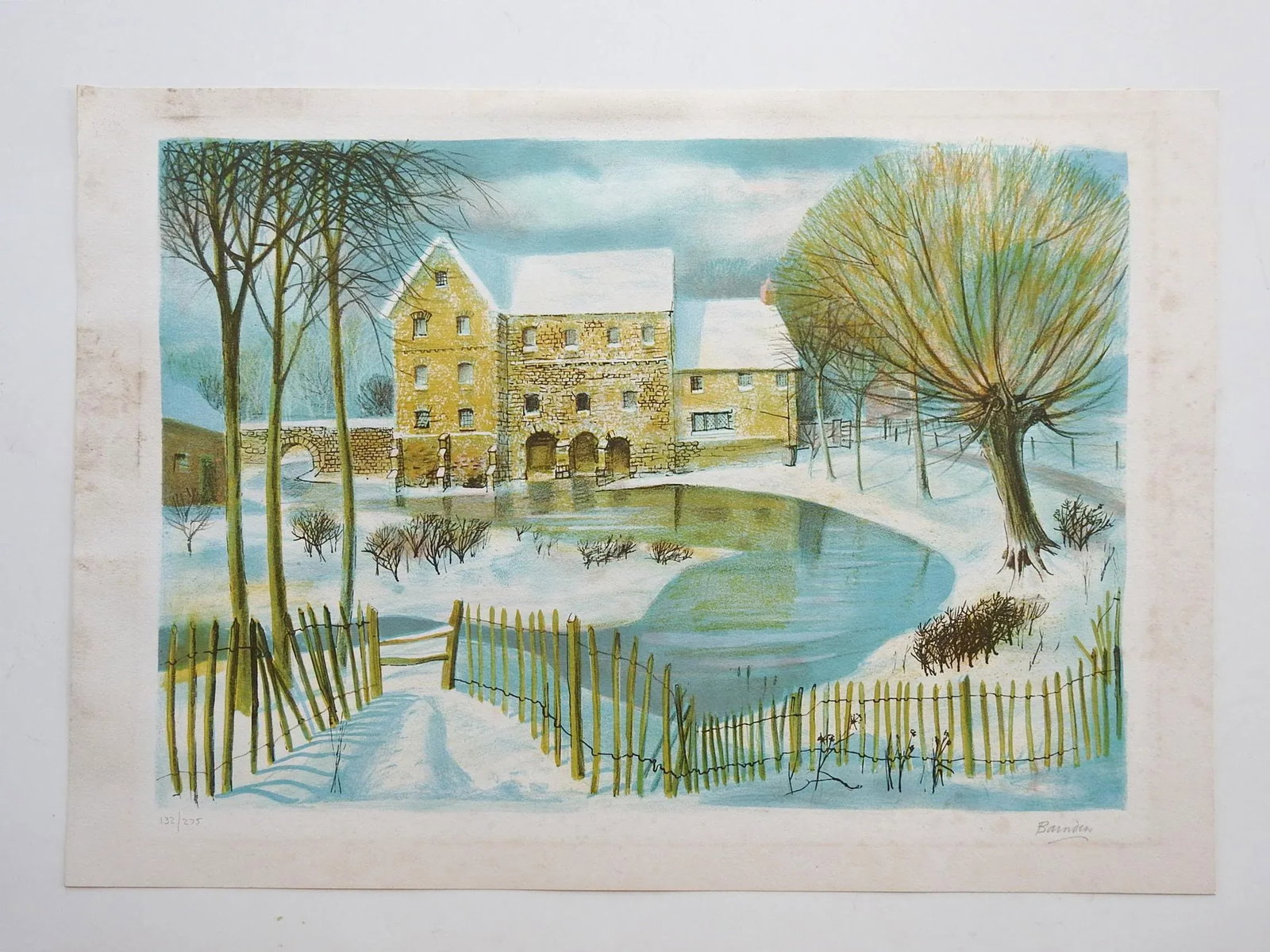 Vintage Mid Century Winter Landscape Lithograph - 4