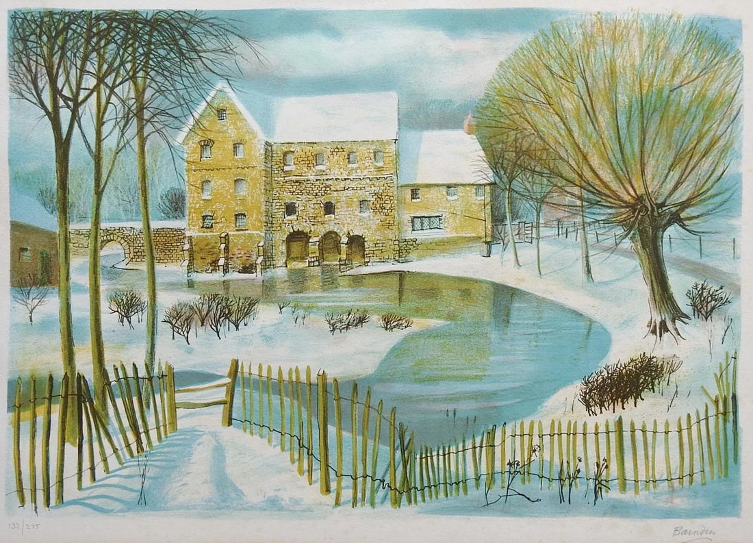 Vintage Mid Century Winter Landscape Lithograph - 5