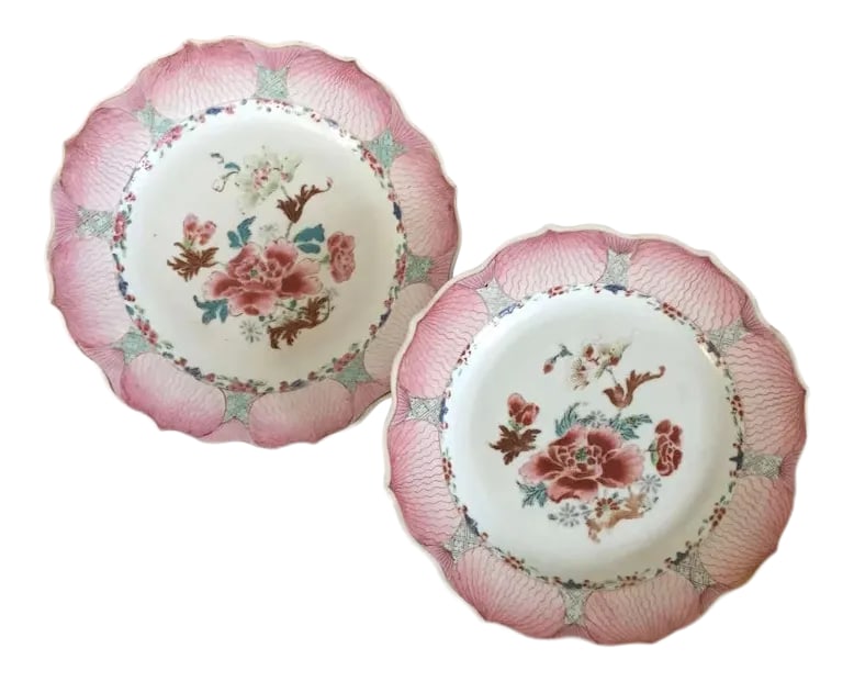 1760 Chinese Export Porcelain Famille Rose Pink Lotus Plates with Peony Design - A Pair: Antique pair 18th century Chinese export porcelain famille rose plates decorated with peonies within a shaped lotus border in bright shades of pink. Each measures 9" diameter. Good condition - expecte