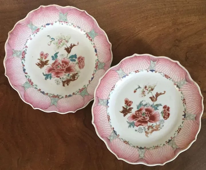 1760 Chinese Export Porcelain Famille Rose Pink Lotus Plates with Peony Design - A Pair - 2