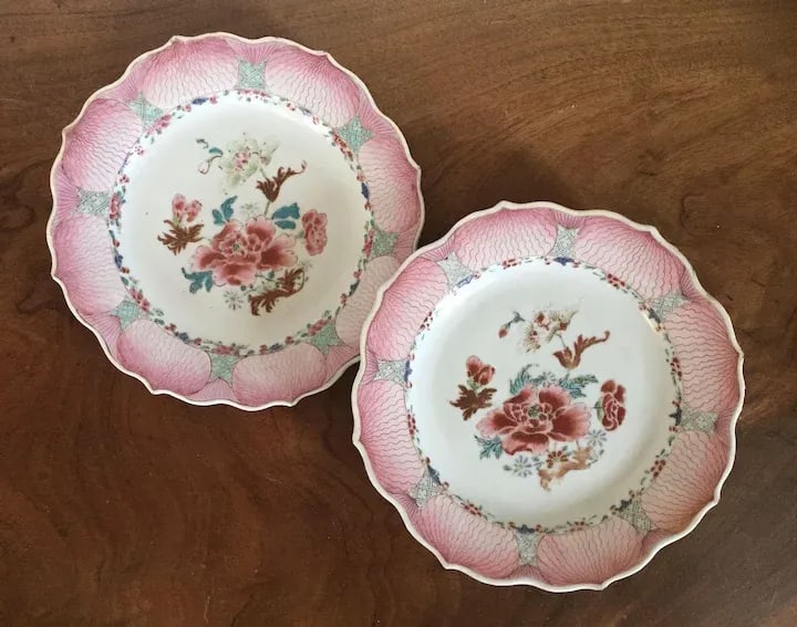 1760 Chinese Export Porcelain Famille Rose Pink Lotus Plates with Peony Design - A Pair - 3