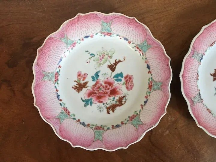 1760 Chinese Export Porcelain Famille Rose Pink Lotus Plates with Peony Design - A Pair - 4