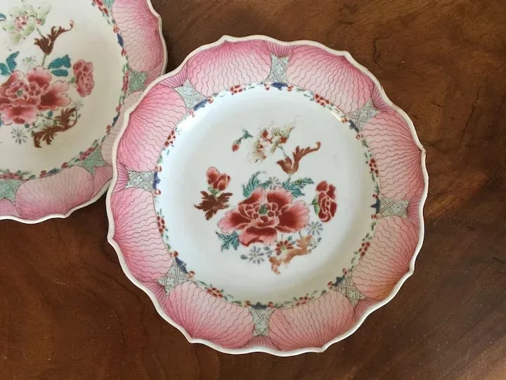 1760 Chinese Export Porcelain Famille Rose Pink Lotus Plates with Peony Design - A Pair - 5