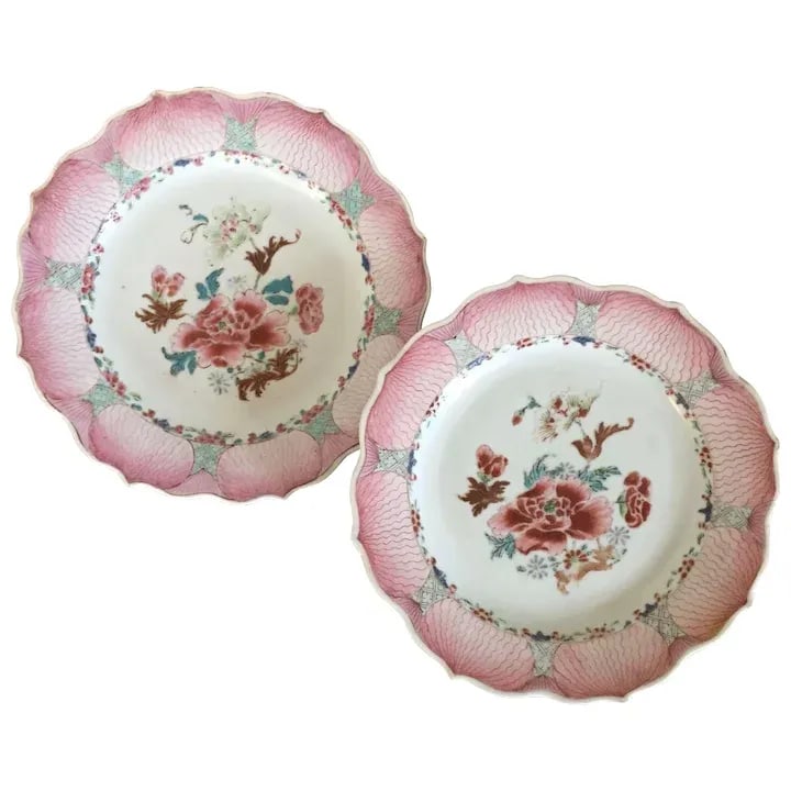 1760 Chinese Export Porcelain Famille Rose Pink Lotus Plates with Peony Design - A Pair - 8
