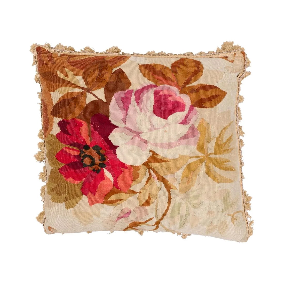 19th Century French Aubusson Woven Tapestry Pillow with Floral Decor and Tassels - 13