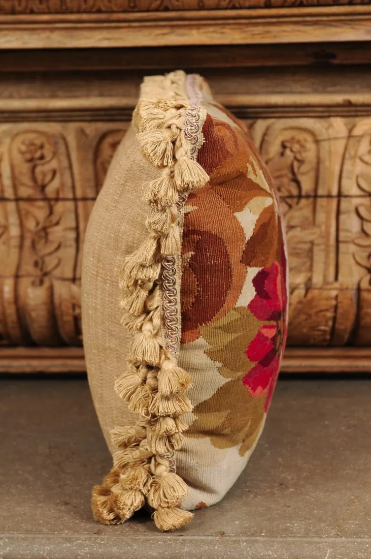 19th Century French Aubusson Woven Tapestry Pillow with Floral Decor and Tassels - 7