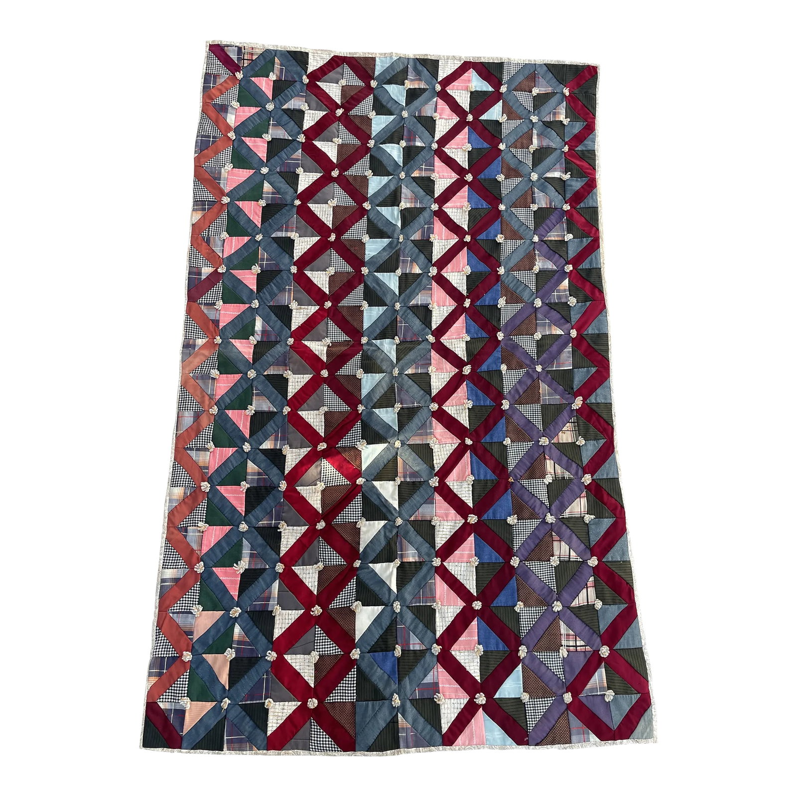 Circa 1940s Crib Quilt: I love all the ordered chaos in this quilt. Lots of color and pattern to dazzle the eye. From the collection of Susie Tomkins Buell, co-founder of Esprit. Condition: Alterations: Original Condition