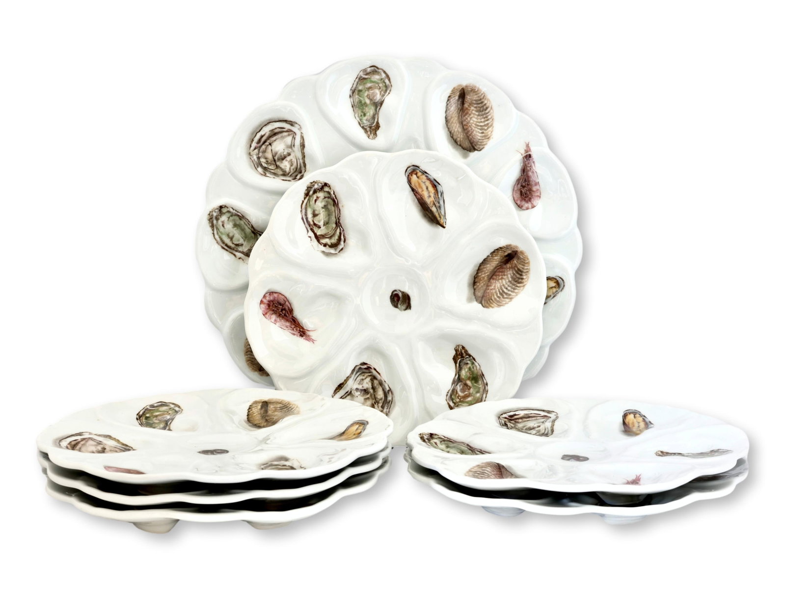 Vintage French Porcelain Oyster Set, 6 Plates & Platter - 6