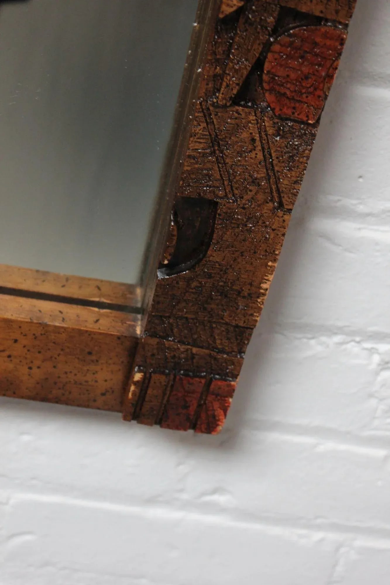 Vintage Brutalist Lane "Pueblo" Polychromed Wall Mirror in Oak - 11