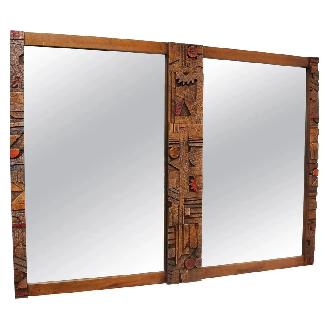 Vintage Brutalist Lane "Pueblo" Polychromed Wall Mirror in Oak - 13