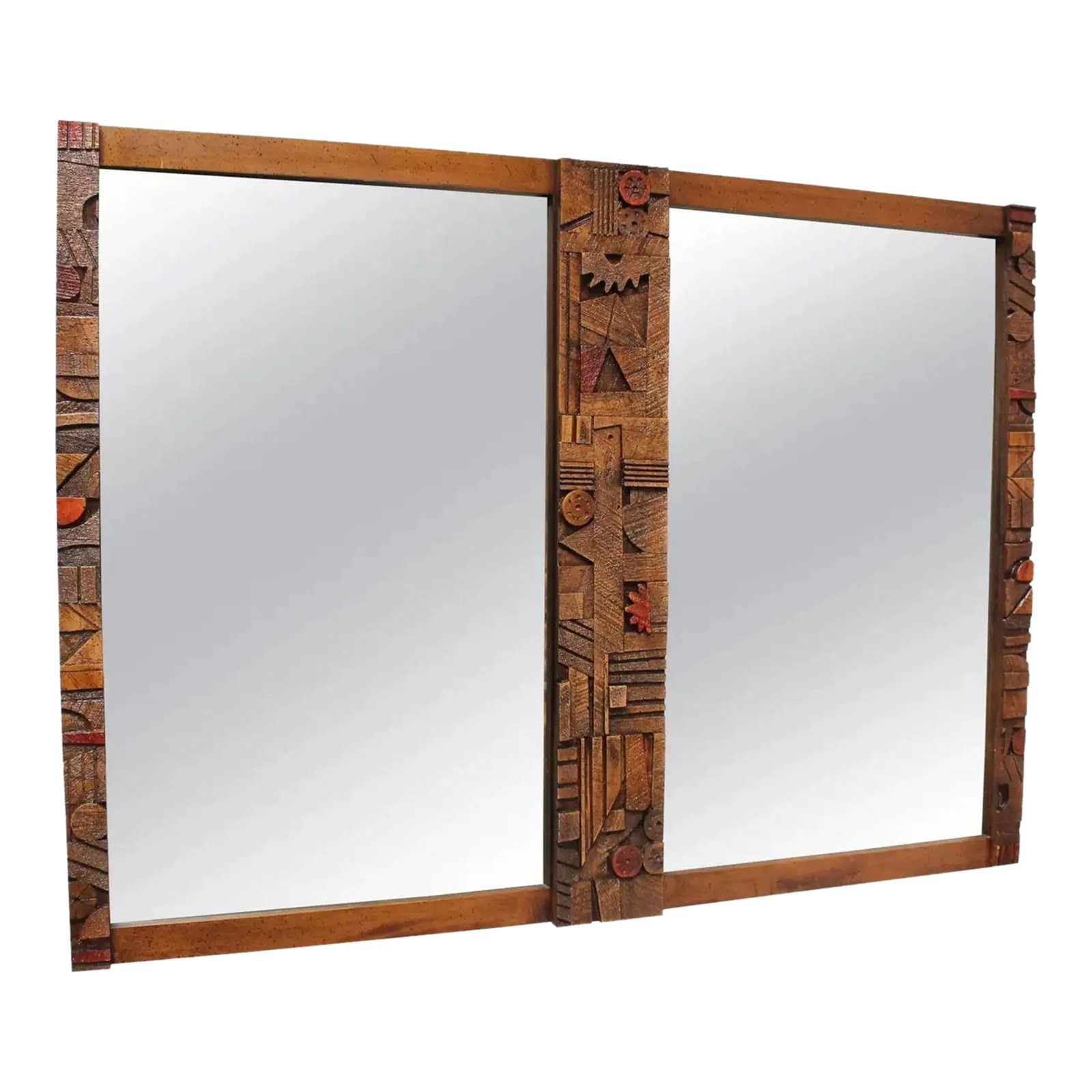 Vintage Brutalist Lane "Pueblo" Polychromed Wall Mirror in Oak (1 of 13)