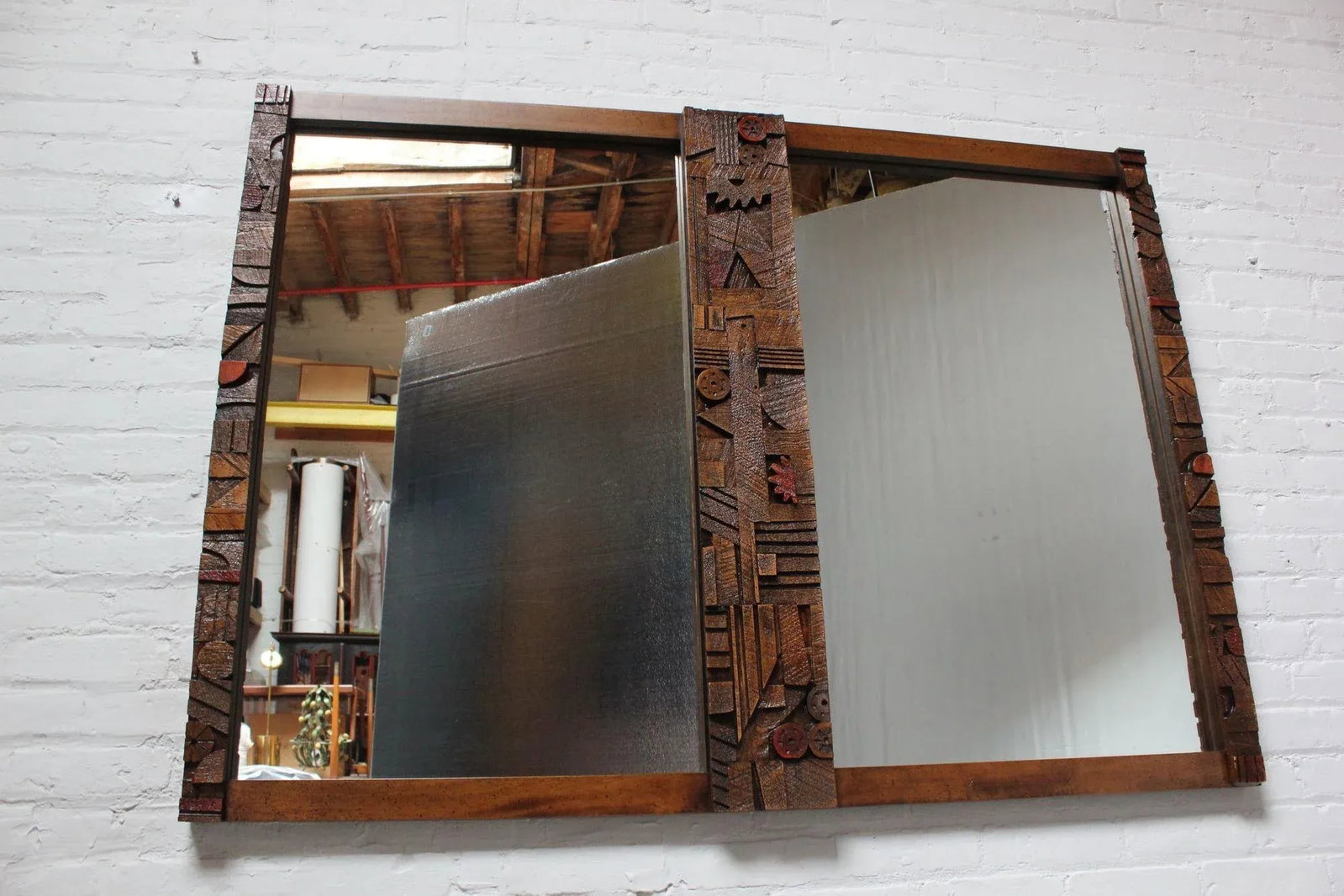 Vintage Brutalist Lane "Pueblo" Polychromed Wall Mirror in Oak - 2