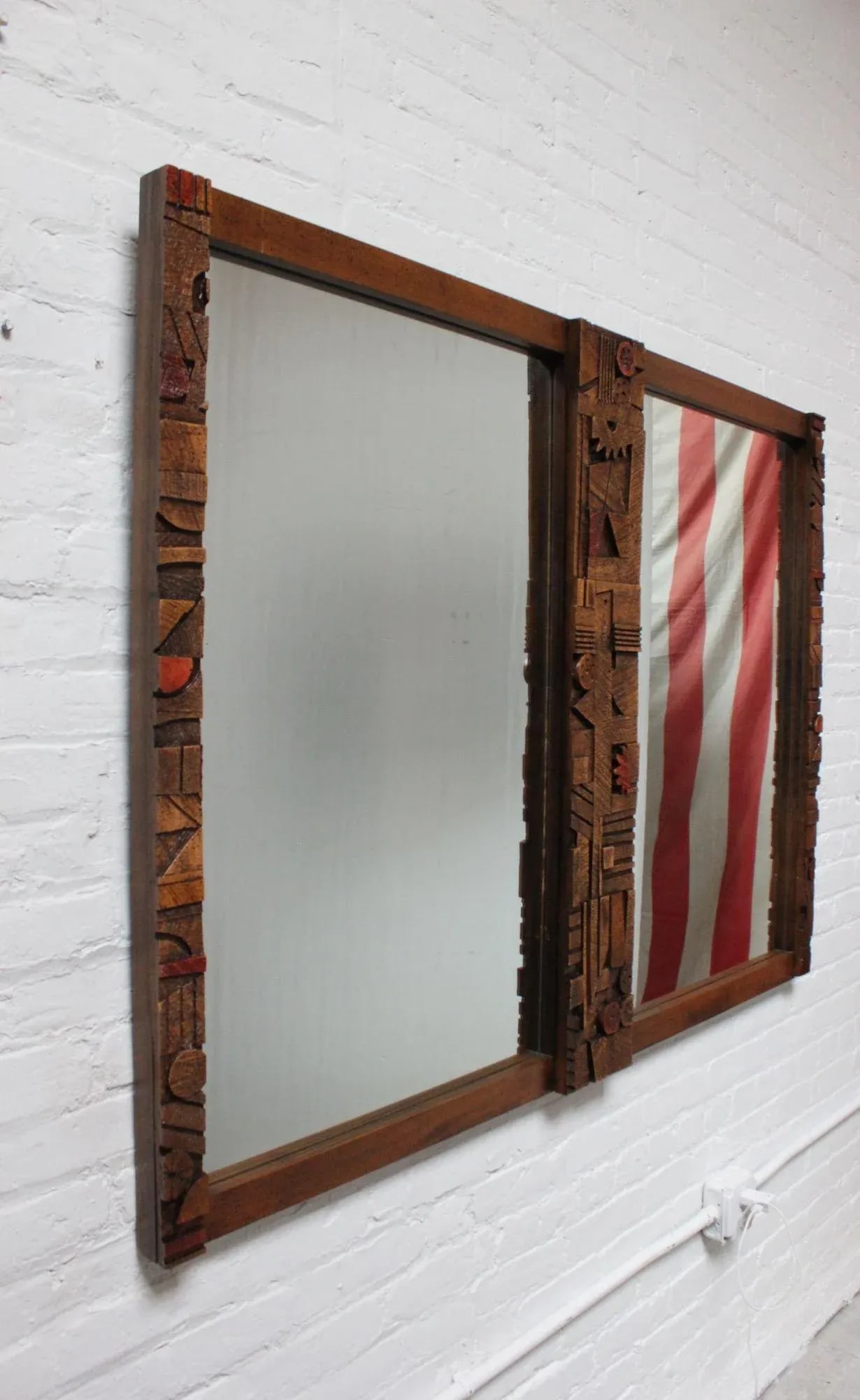 Vintage Brutalist Lane "Pueblo" Polychromed Wall Mirror in Oak - 3