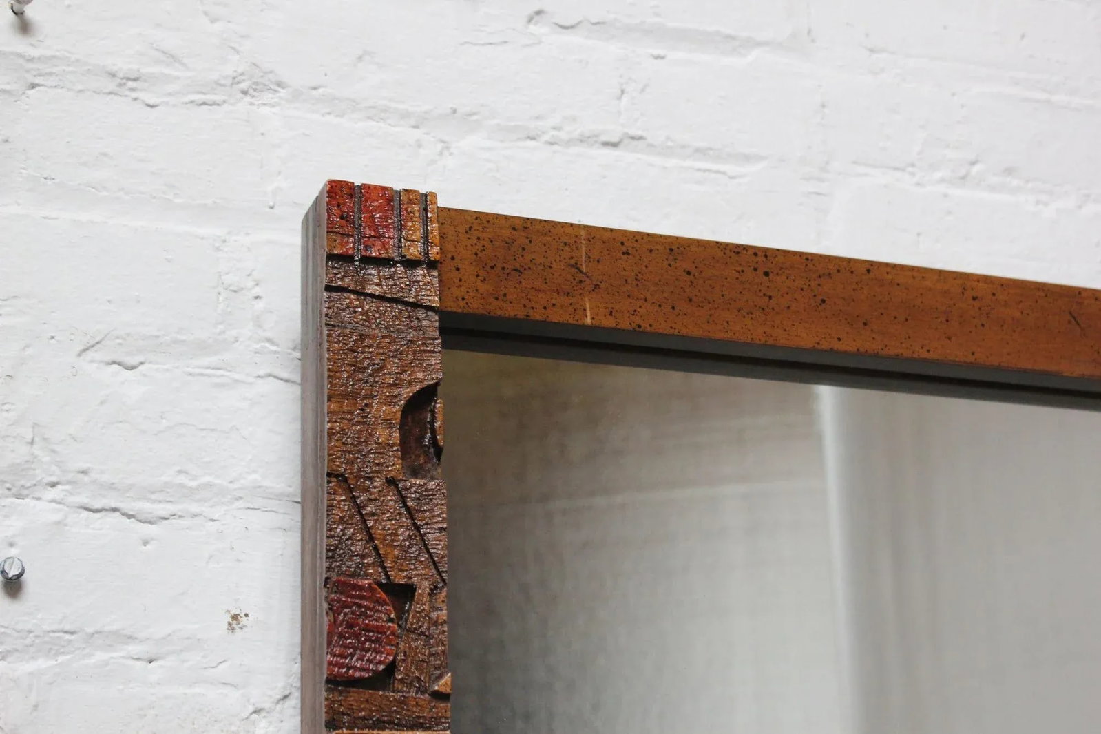 Vintage Brutalist Lane "Pueblo" Polychromed Wall Mirror in Oak - 4