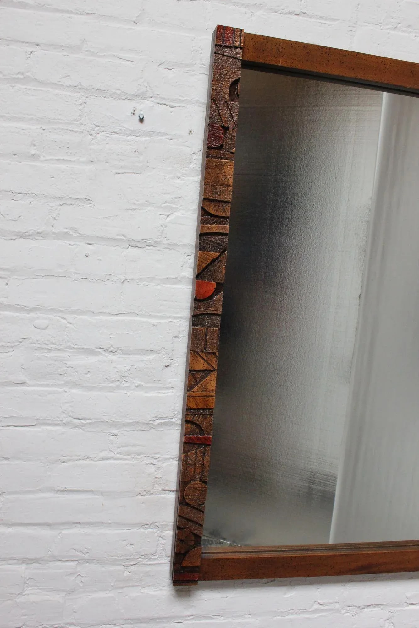 Vintage Brutalist Lane "Pueblo" Polychromed Wall Mirror in Oak - 5