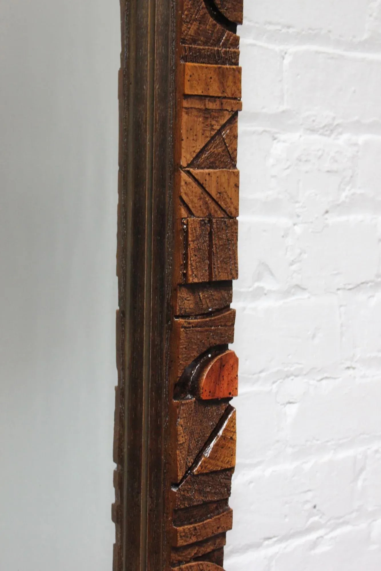 Vintage Brutalist Lane "Pueblo" Polychromed Wall Mirror in Oak - 6