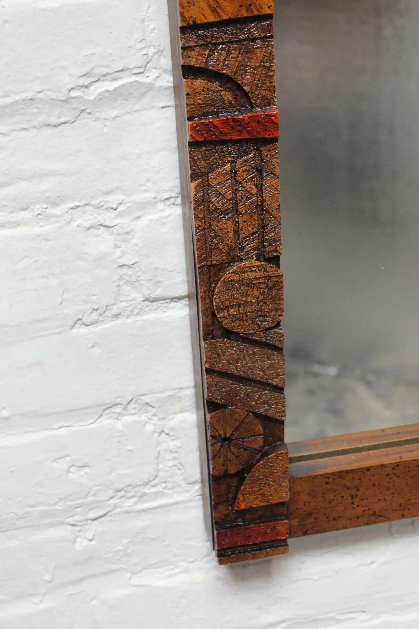 Vintage Brutalist Lane "Pueblo" Polychromed Wall Mirror in Oak - 7