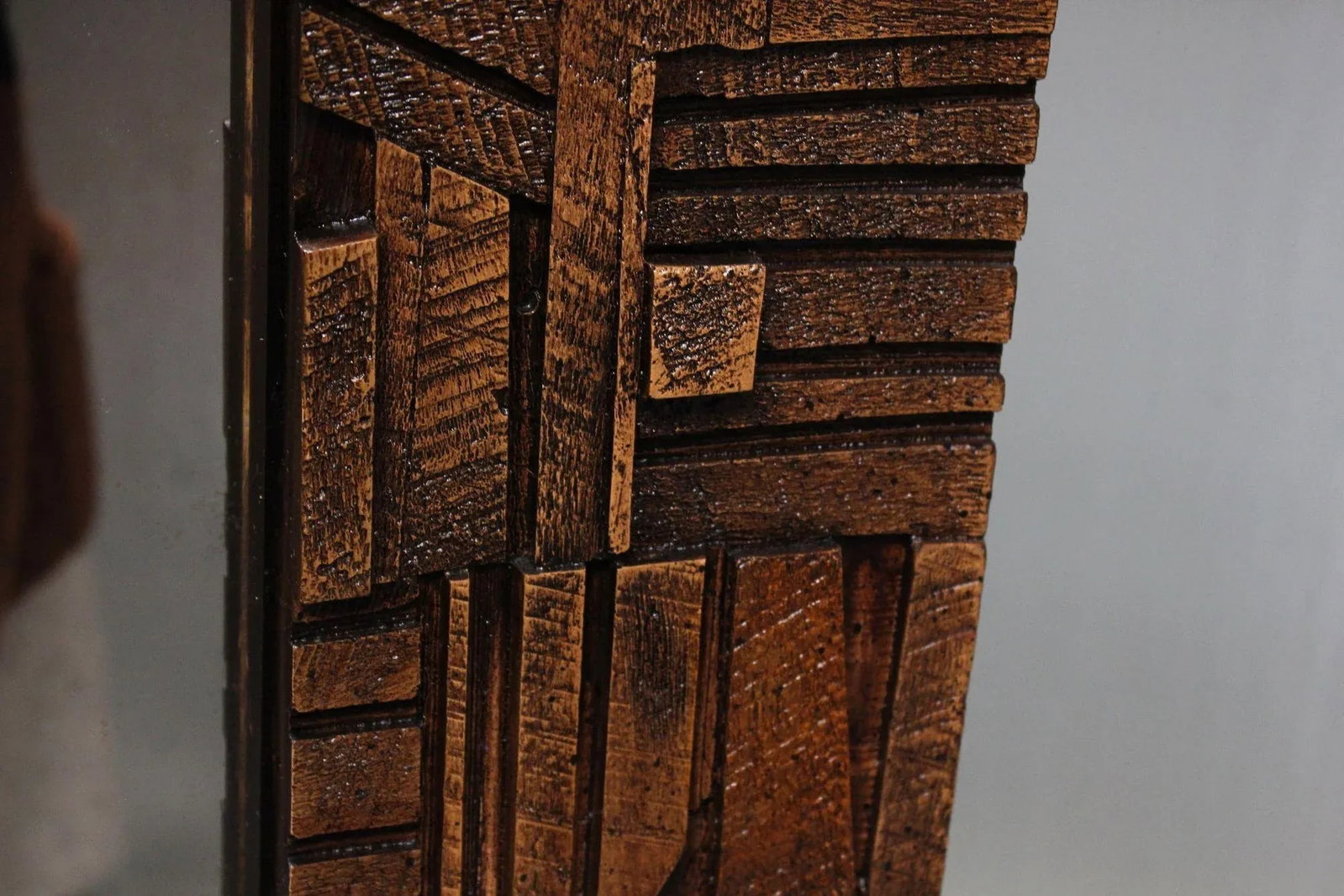 Vintage Brutalist Lane "Pueblo" Polychromed Wall Mirror in Oak - 8