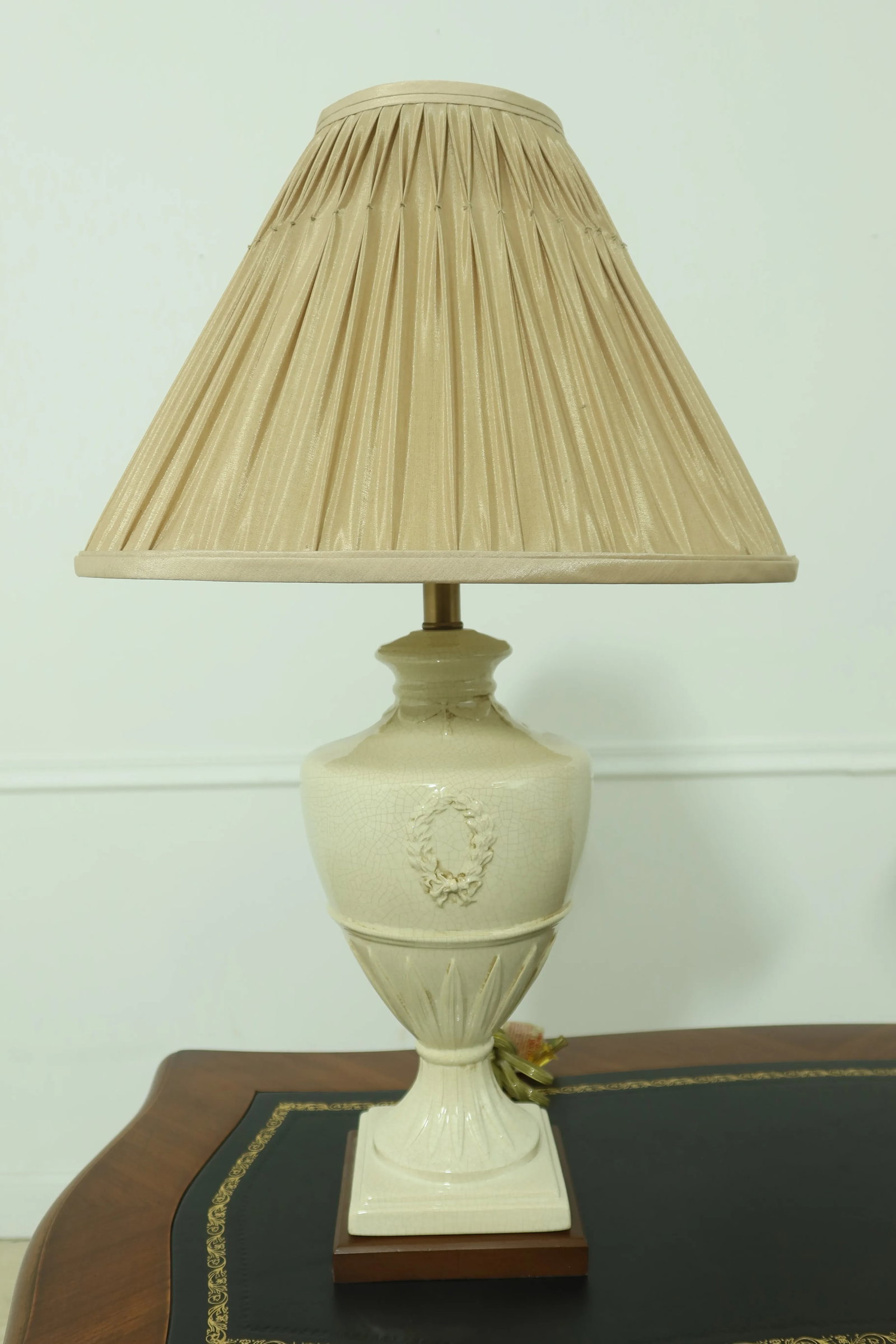 Pair Ethan Allen Crackle Porcelain Wreath Table Lamps - 2