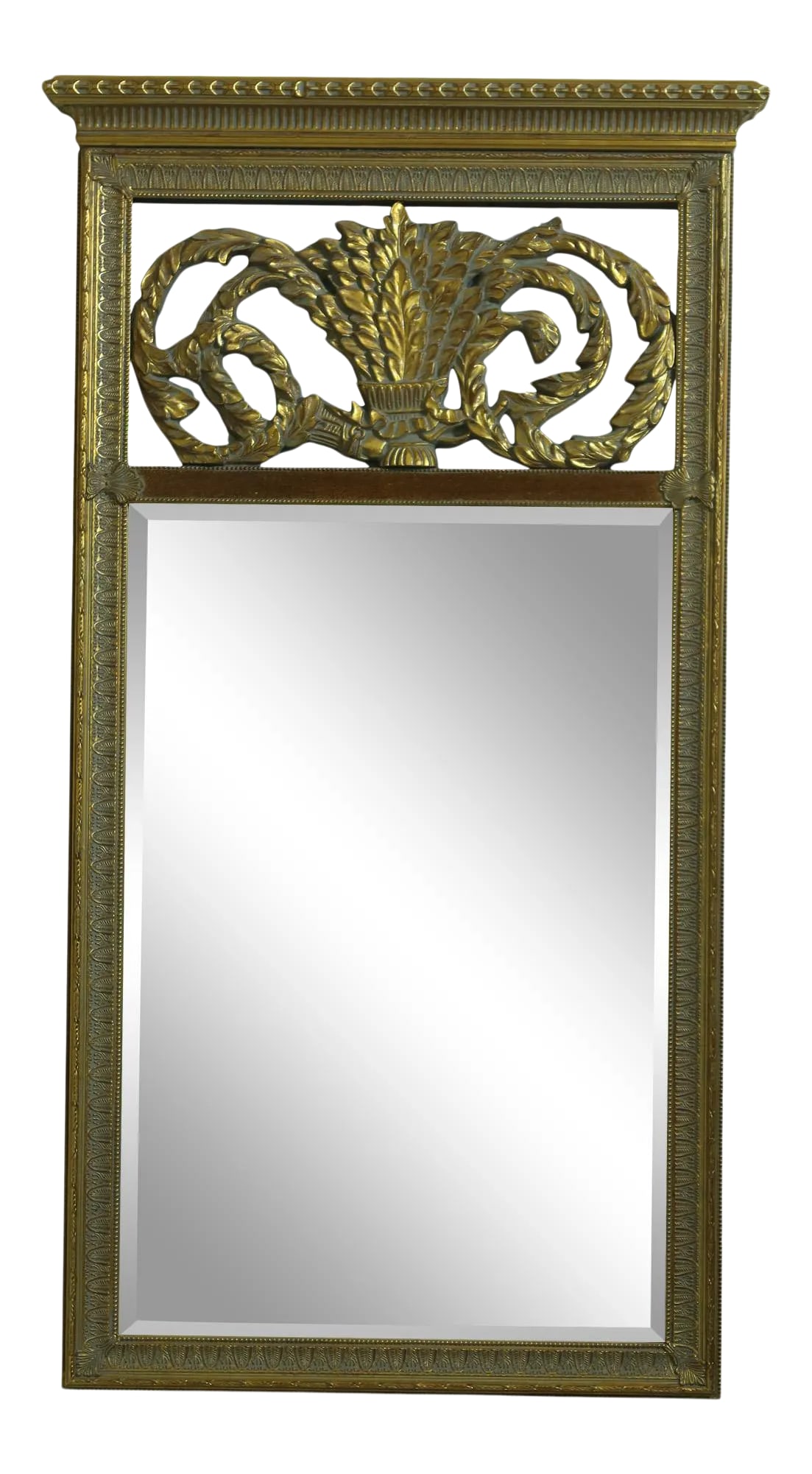 Maitland Smith Regency Style Gold Framed Mirror: Approx: 20 Years Old Beveled Glass Regency Style Pierced Urn & Wreath Top Gold Finish w. Bronze Offered @ Fraction Original Retail Cost Condition: Excellent Original Finish & Condition Size: 31.5w x