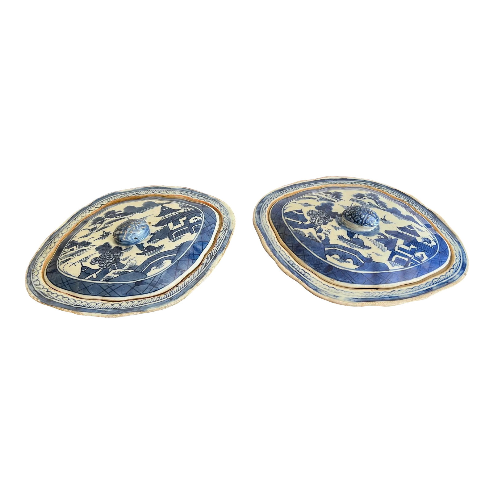 Antique Chinese Export-Style Canton Blue & White Covered Dishes- a Pair: A pair of chinese export style canton blue and white covered dishes. Melon finials with landscape decoration to each Condition: Alterations: Original Condition Unaltered Imperfections: Some