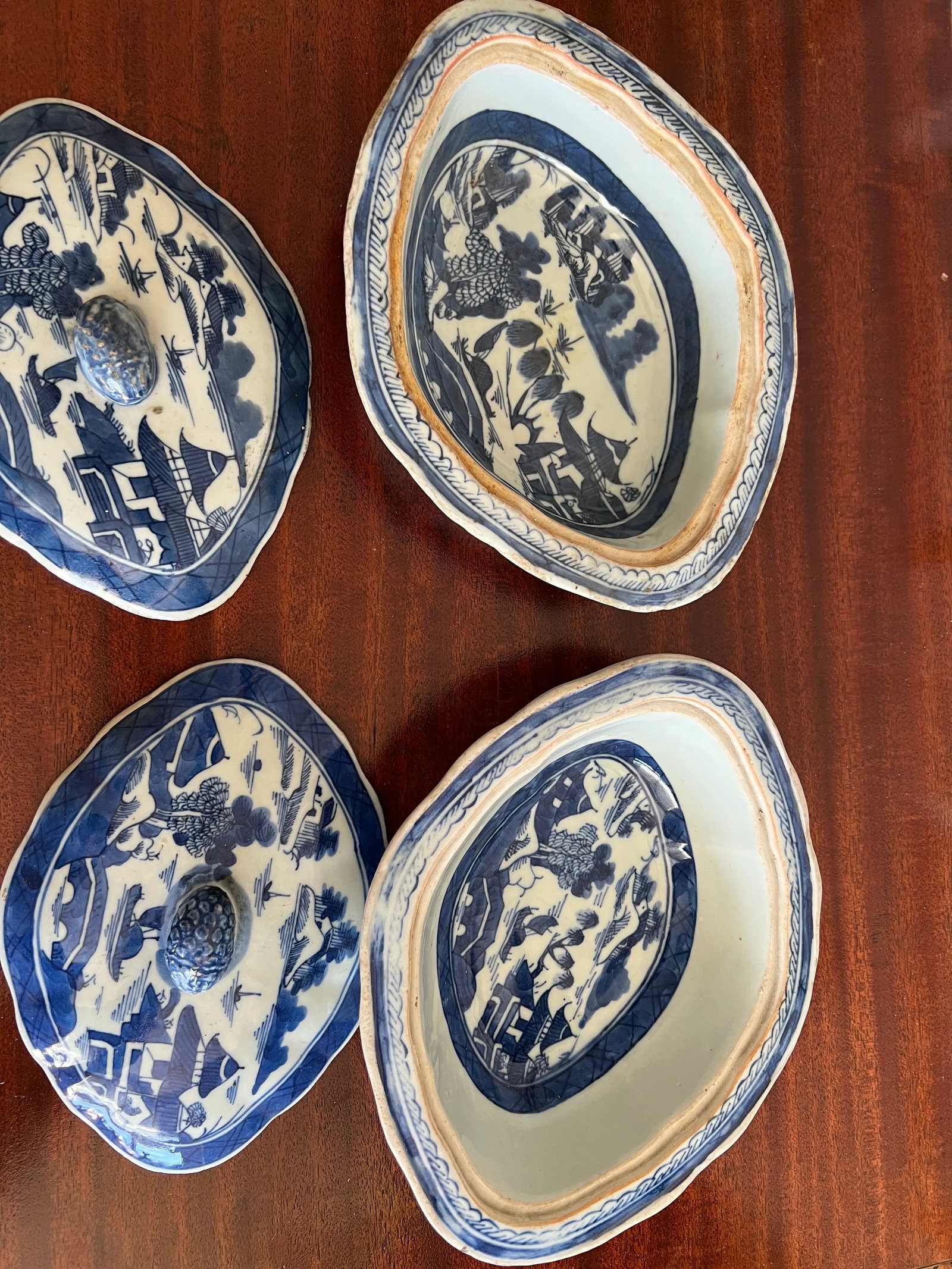 Antique Chinese Export-Style Canton Blue & White Covered Dishes- a Pair - 6