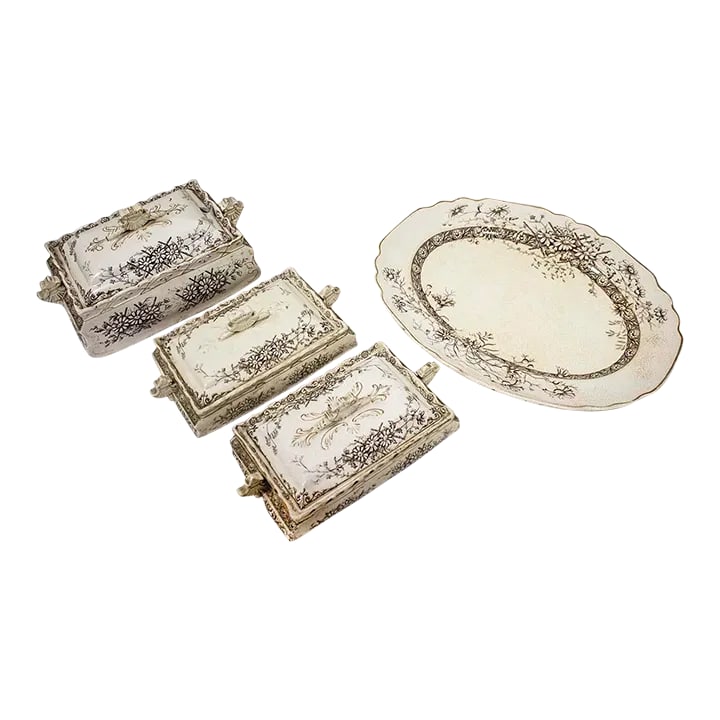 Vintage Staffordshire Farmhouse Serving Pieces - Set of 4: Rare set of antique Staffordshire serving pieces in the Argyle pattern. I wish I knew more about this china but I can't find another piece of this pattern anywhere online making it indeed very rare.
