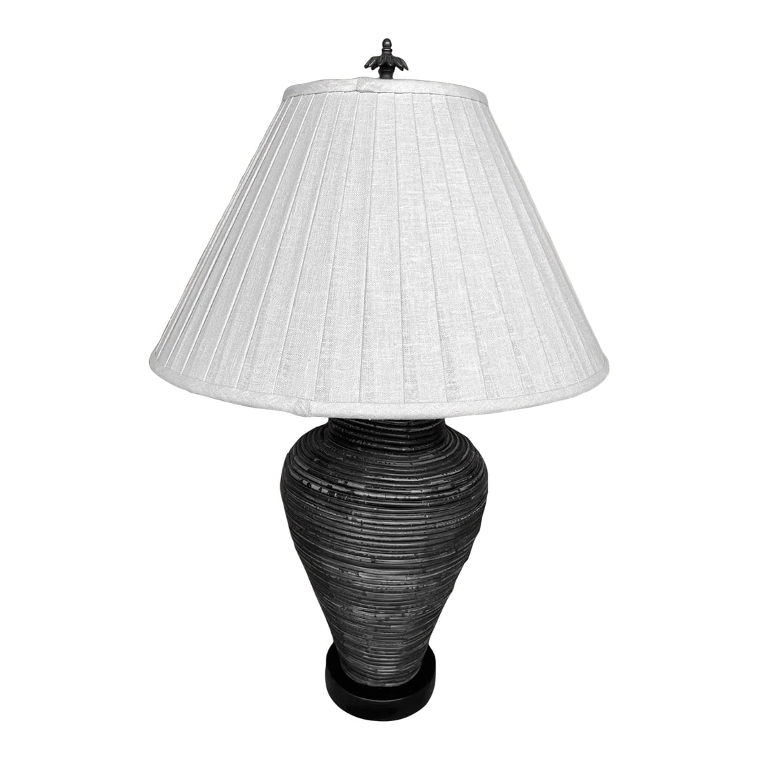 Gabriella Crespi Style Pencil Reed Table Lamp: Gabriella Crespi Style Pencil Reed Table Lamp in a dark brown with black base. Beige pleated shade with flower final. 23in h and 33in h to top of finial 11in round x 6in base 20in round shade x 12in h