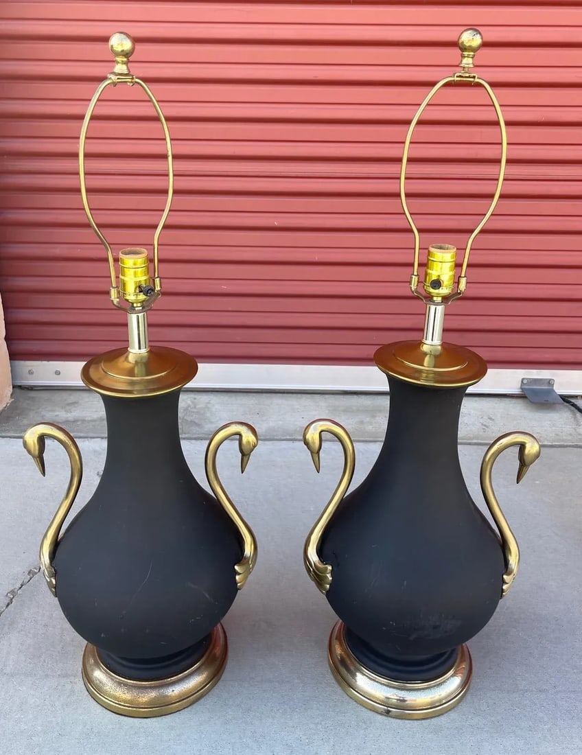 Vintage Brass Swan Urn Table Lamps - a Pair - 10