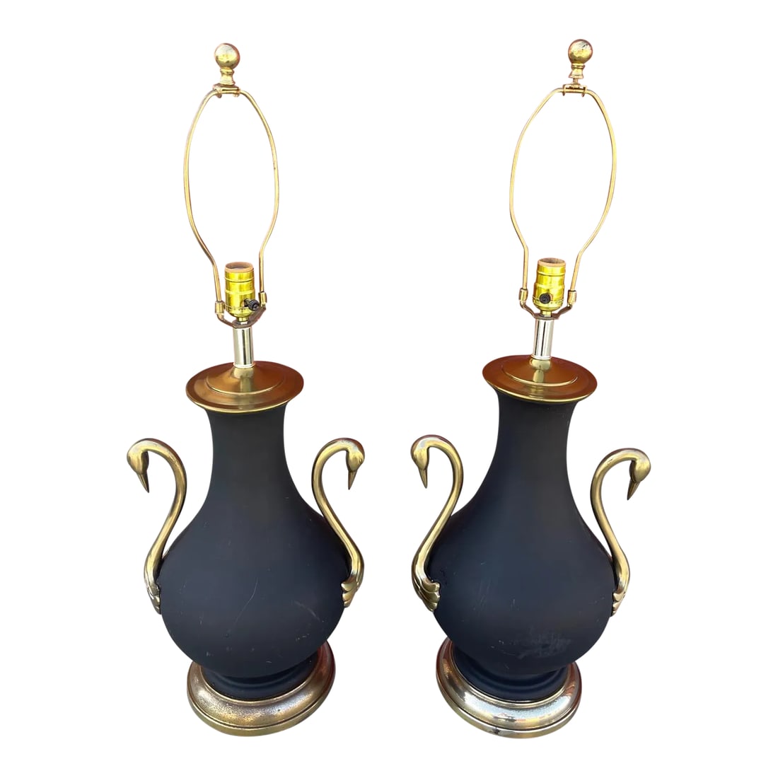 Vintage Brass Swan Urn Table Lamps - a Pair: Vintage Pair of Frederick Cooper Style Brass Swan Table Lamps. Matte black urn with brass hardware. What a unique pair of lamps! A gold shinny shade or black with gold inside would look amazing. I wou
