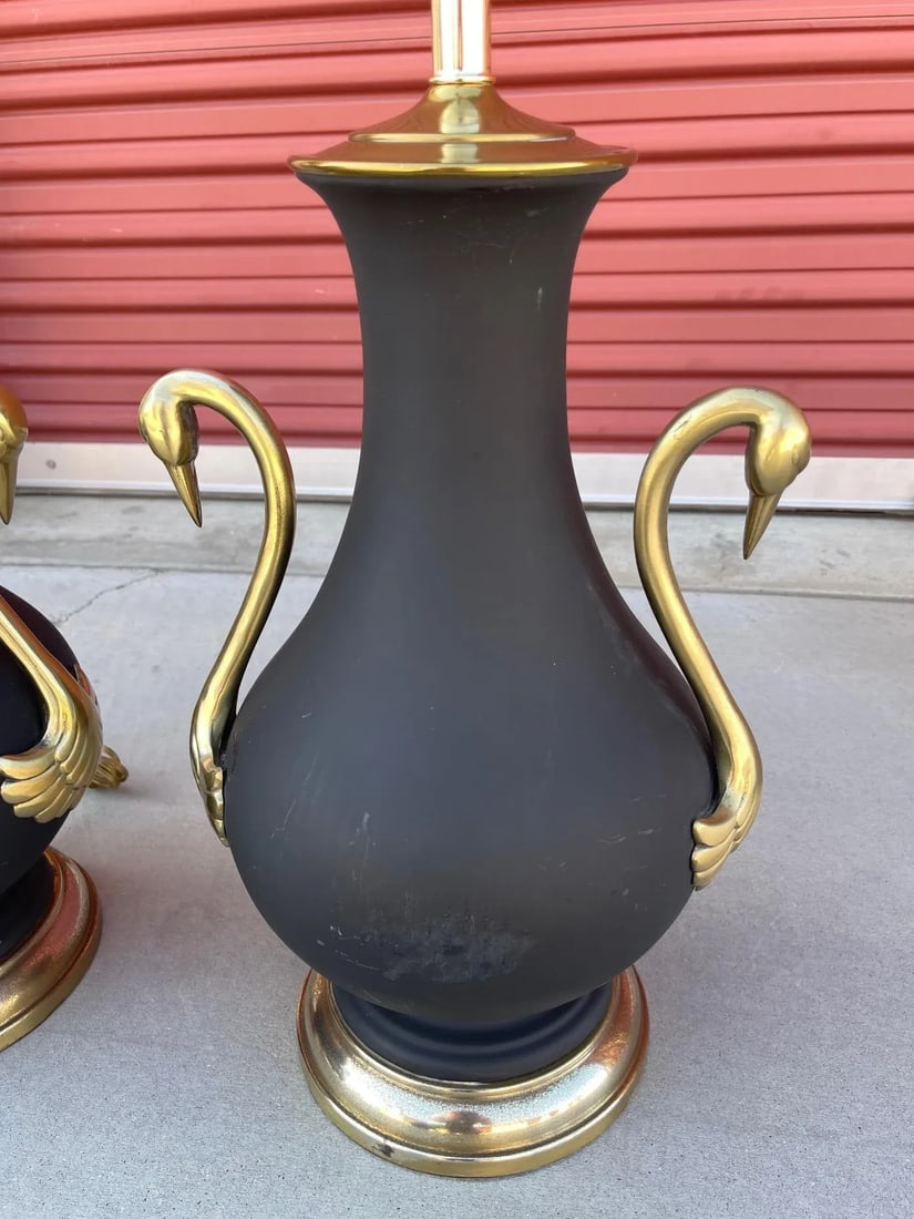 Vintage Brass Swan Urn Table Lamps - a Pair - 2