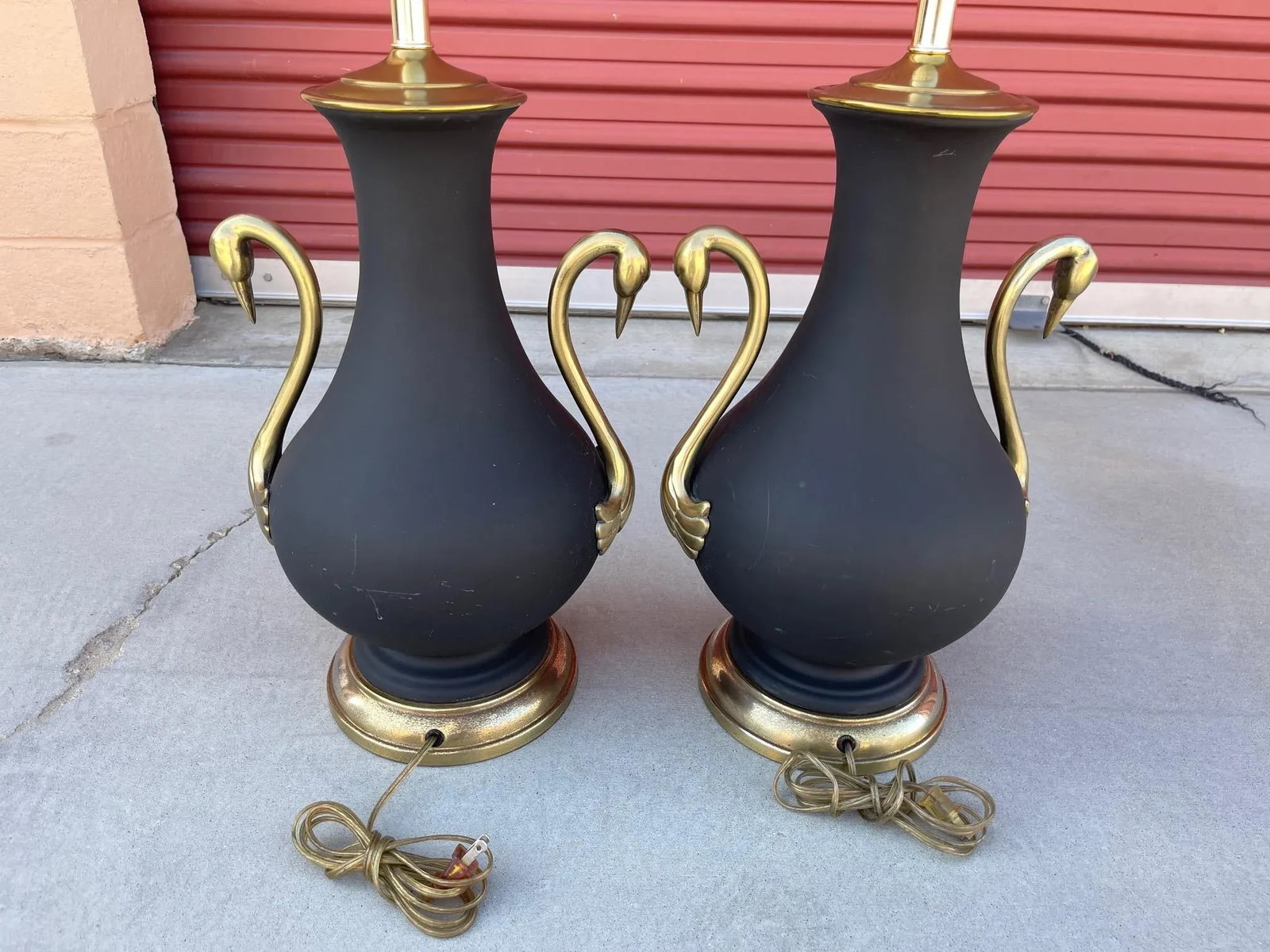Vintage Brass Swan Urn Table Lamps - a Pair - 7