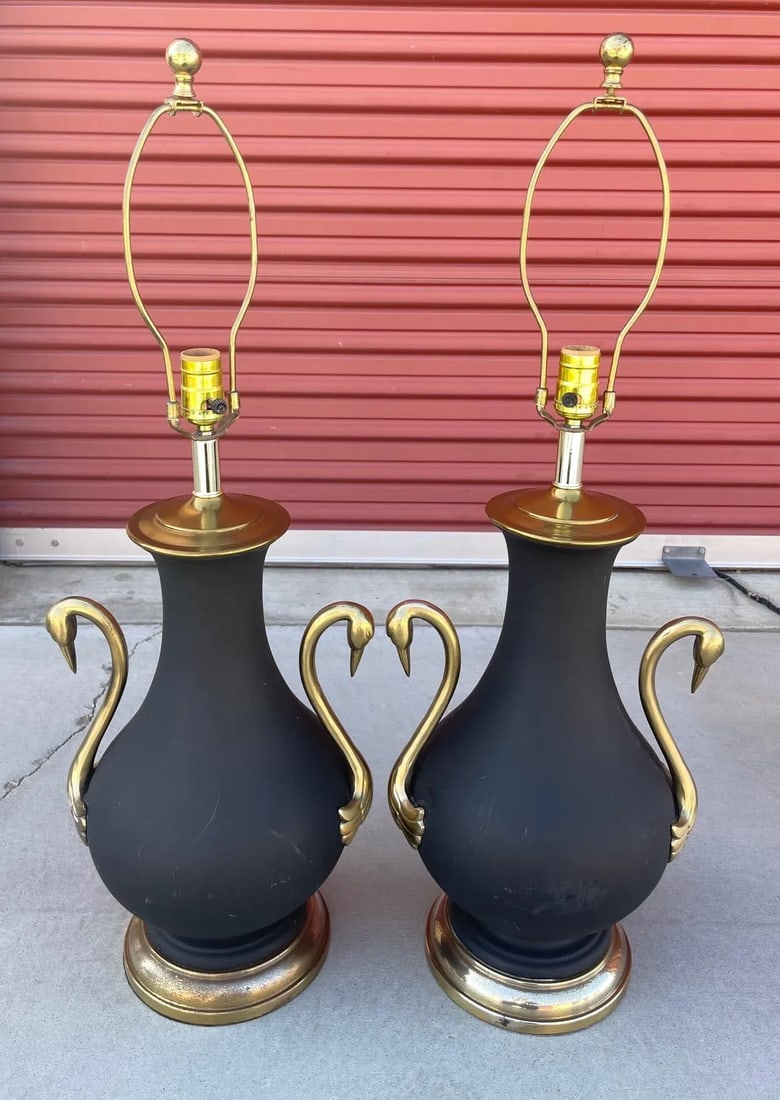 Vintage Brass Swan Urn Table Lamps - a Pair - 8